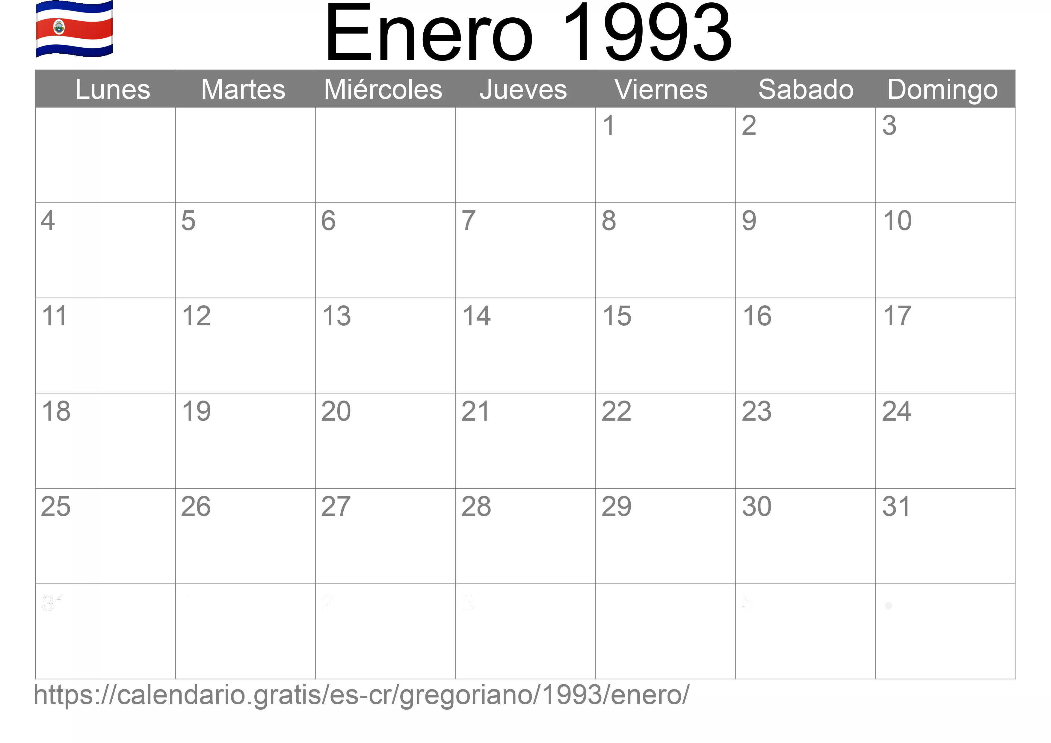 Calendario Enero 1993 para imprimir (Costa Rica)