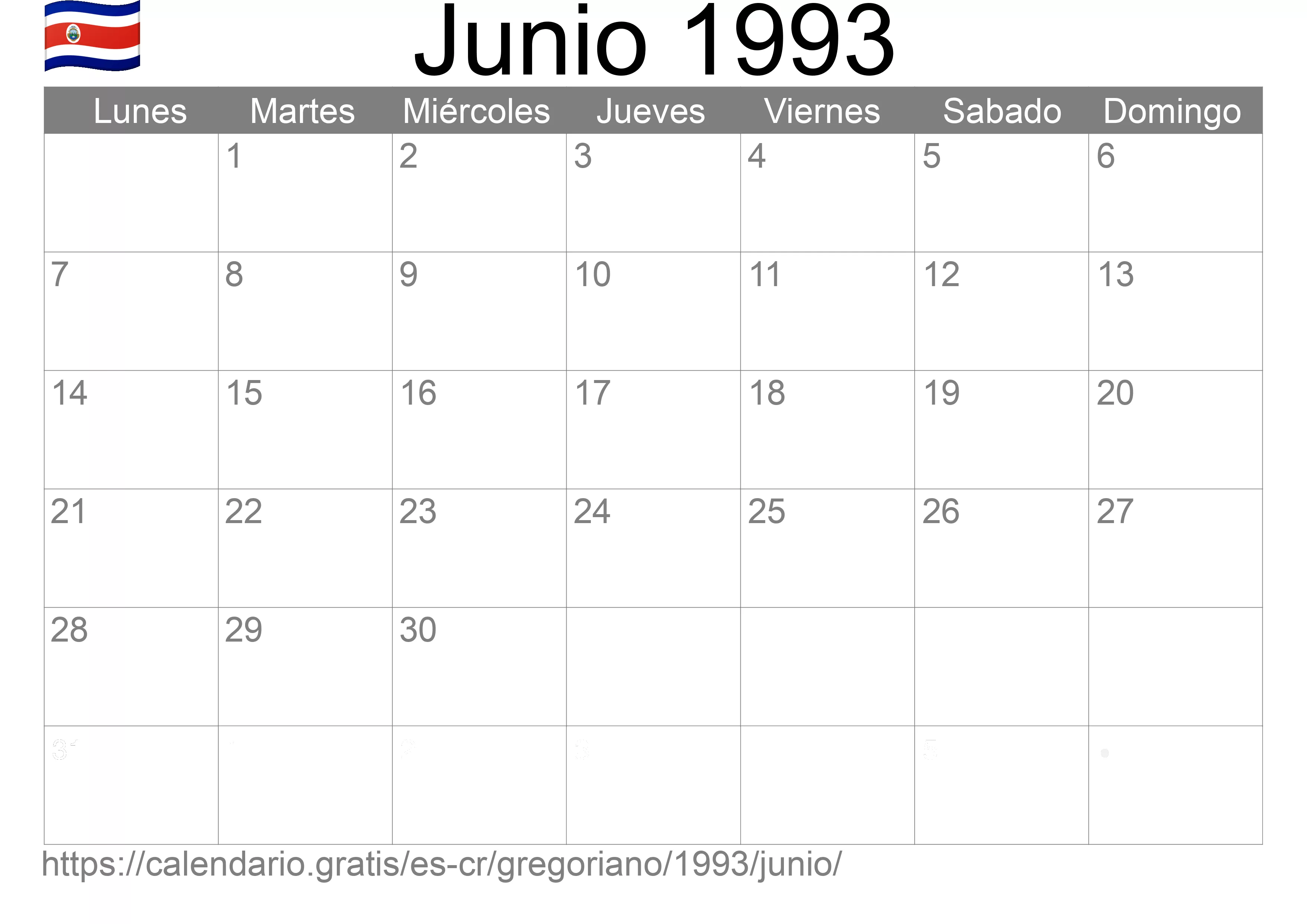 Calendario Junio 1993 para imprimir (Costa Rica)