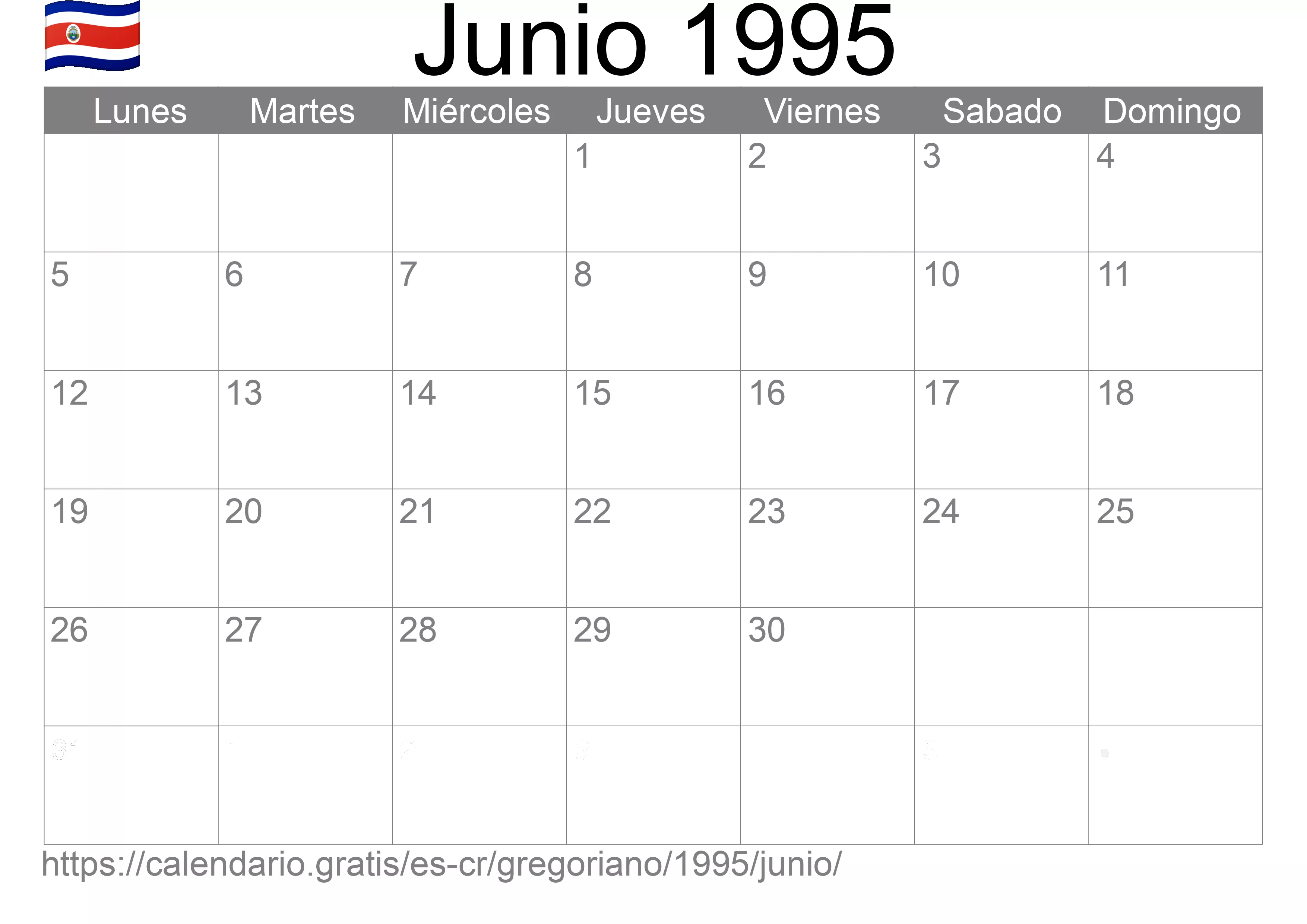 Calendario Junio 1995 para imprimir (Costa Rica)