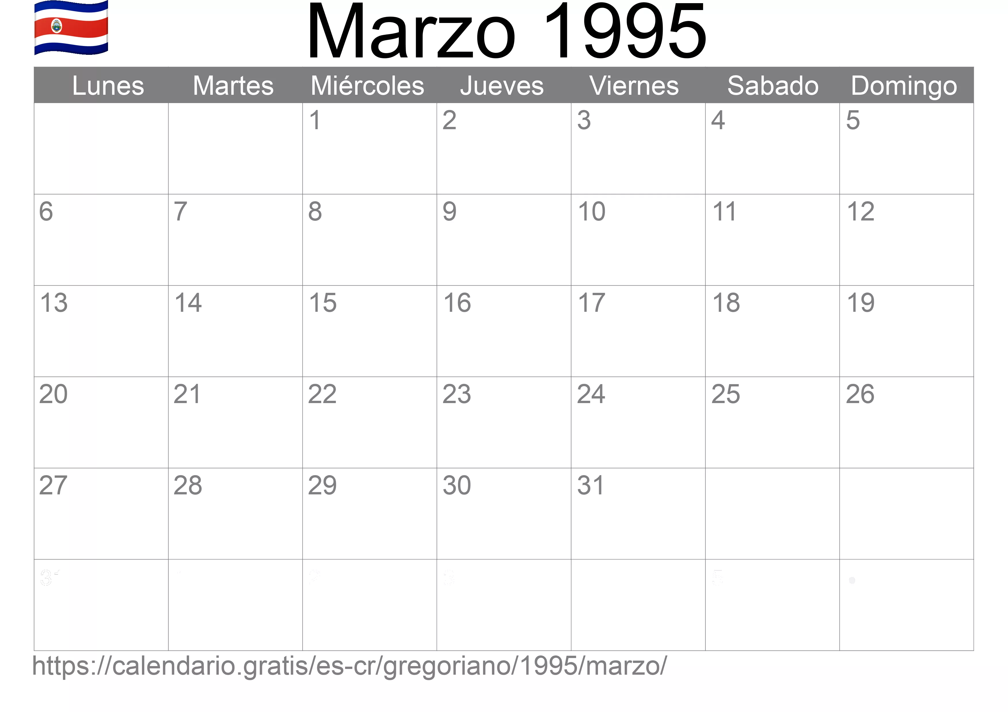 Calendario Marzo 1995 para imprimir (Costa Rica)