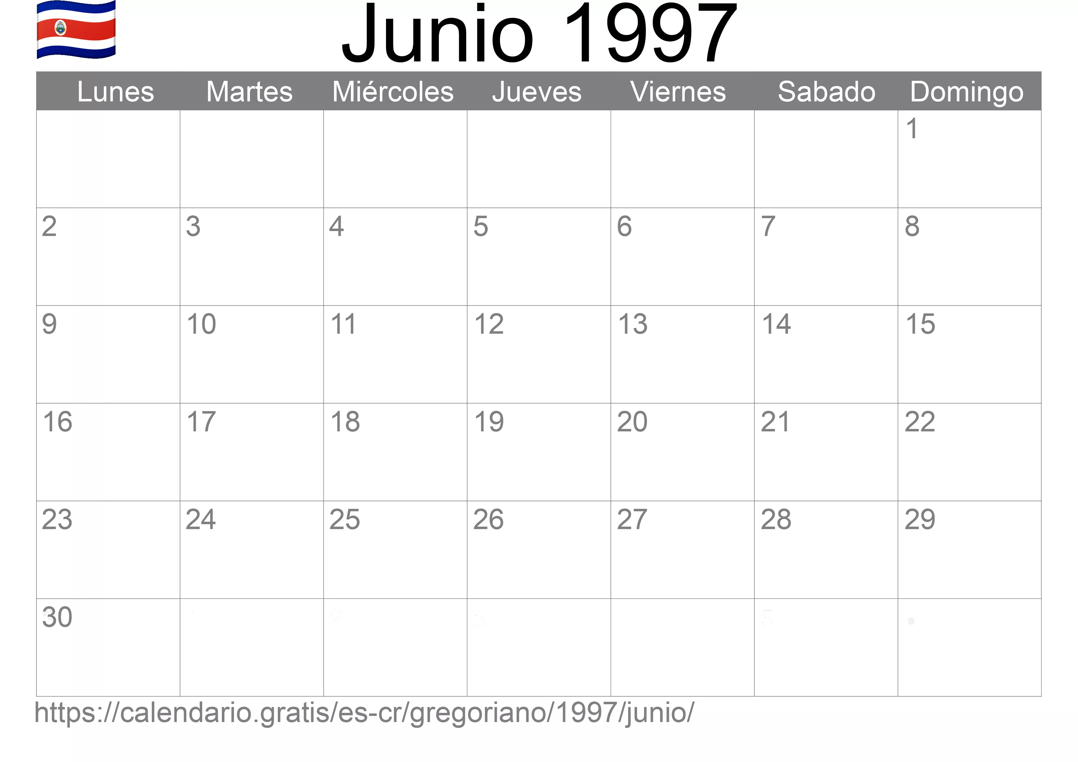 Calendario Junio 1997 para imprimir (Costa Rica)