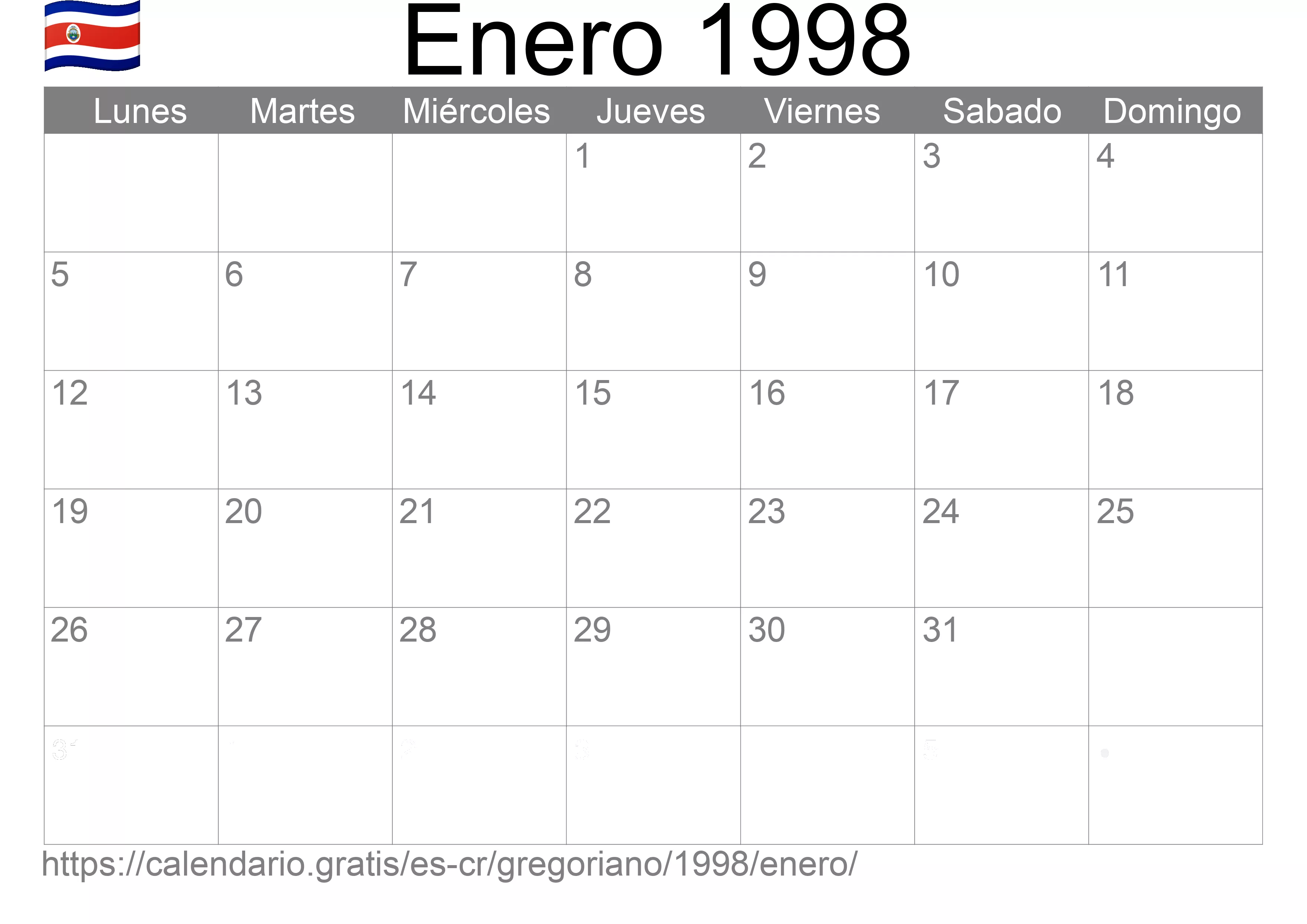 Calendario Enero 1998 para imprimir (Costa Rica)