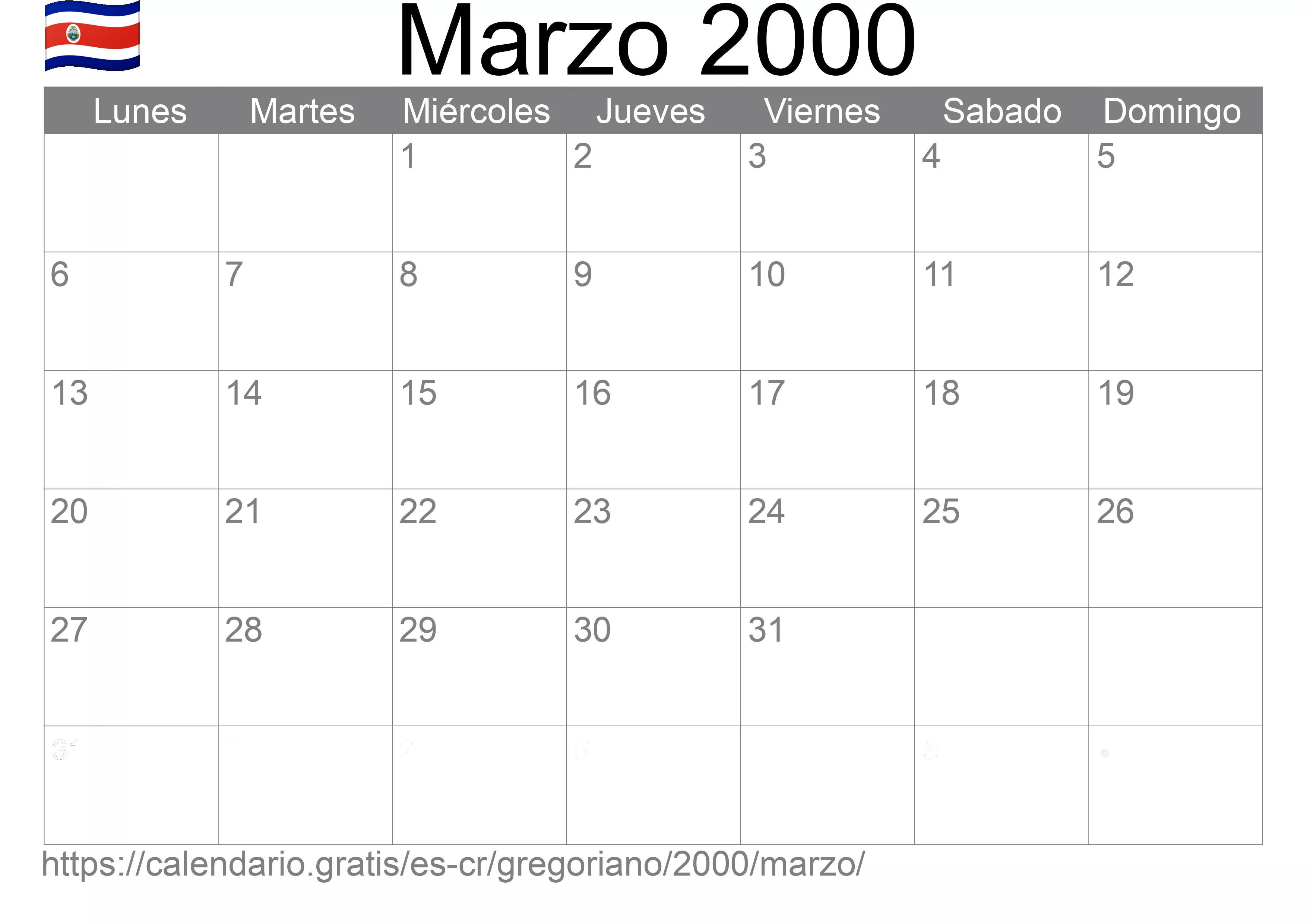 Calendario Marzo 2000 para imprimir (Costa Rica)