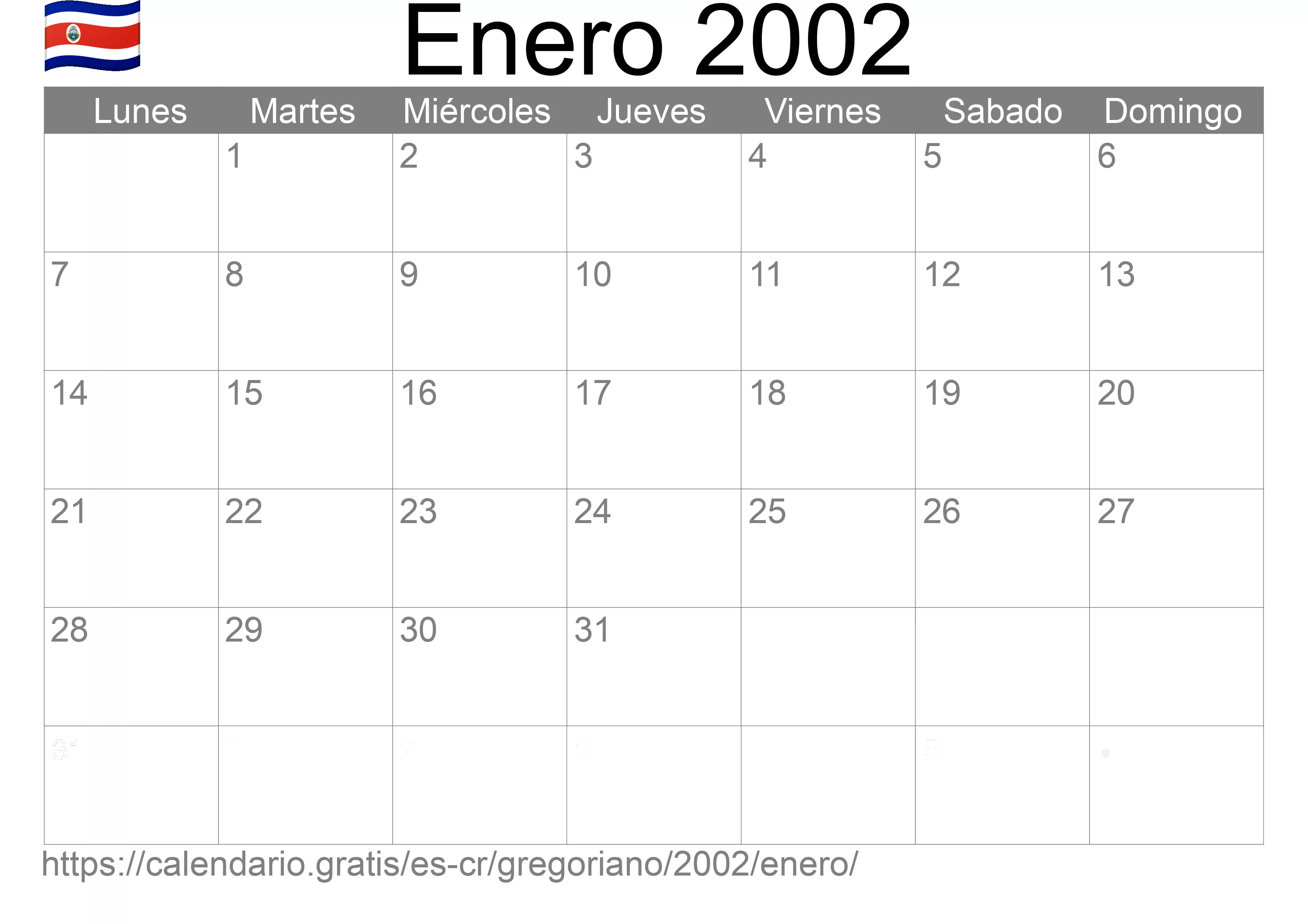 Calendario Enero 2002 para imprimir (Costa Rica)