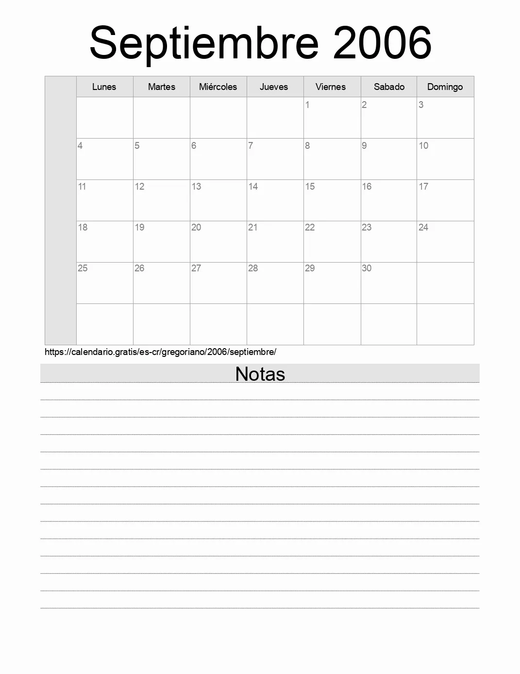 Calendario Septiembre 2006 para imprimir con notas. (Costa Rica)