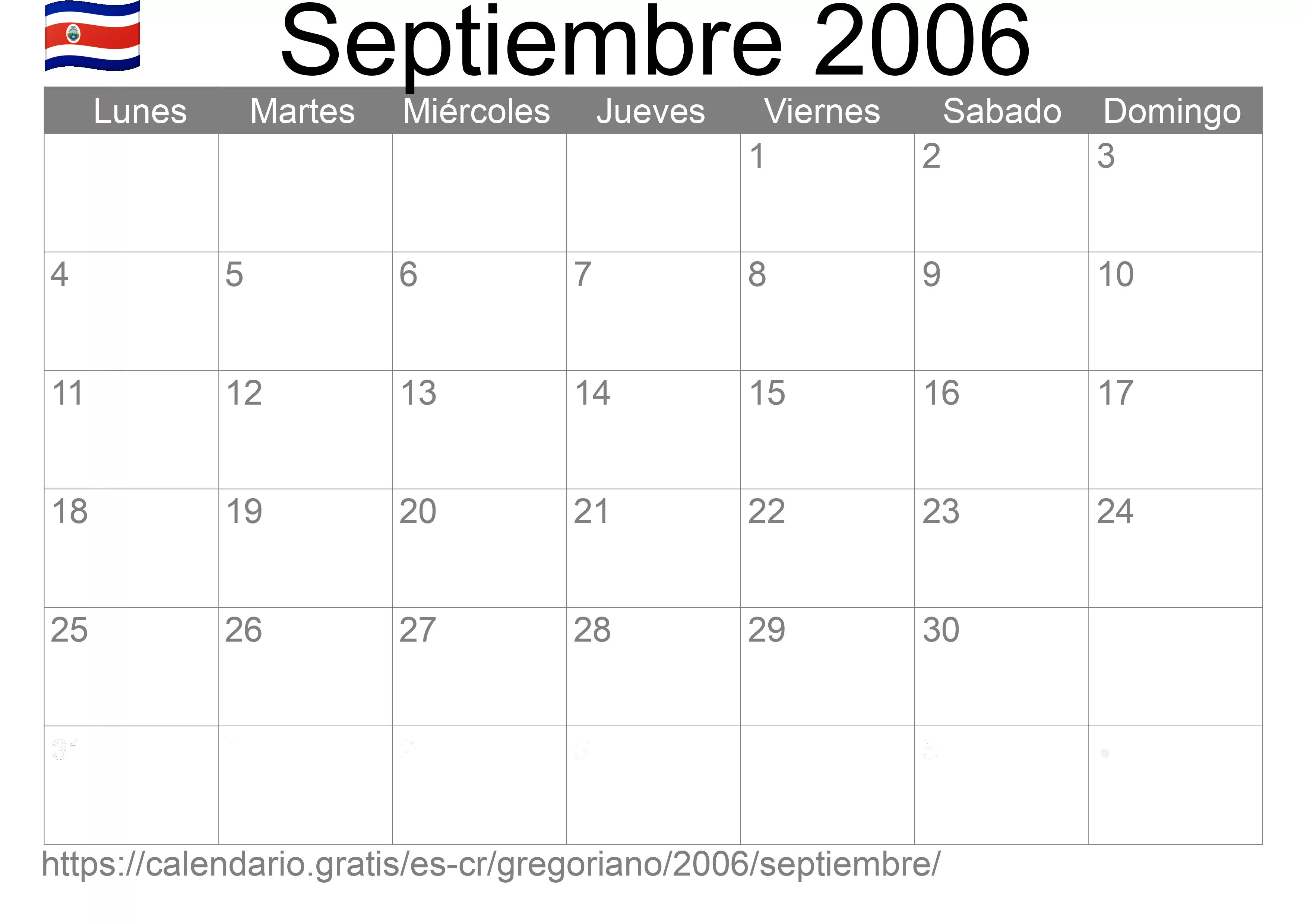 Calendario Septiembre 2006 para imprimir (Costa Rica)