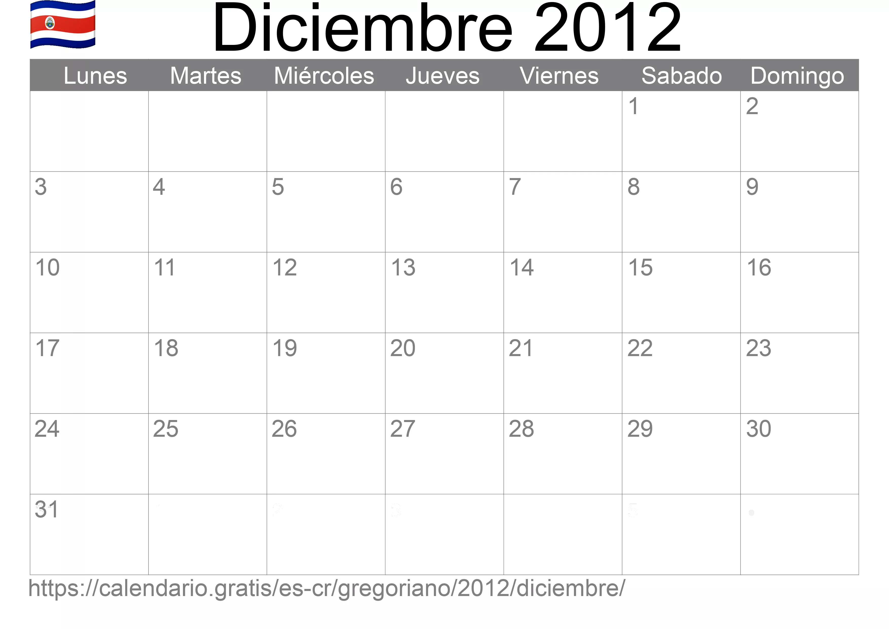 Calendario Diciembre 2012 para imprimir (Costa Rica)