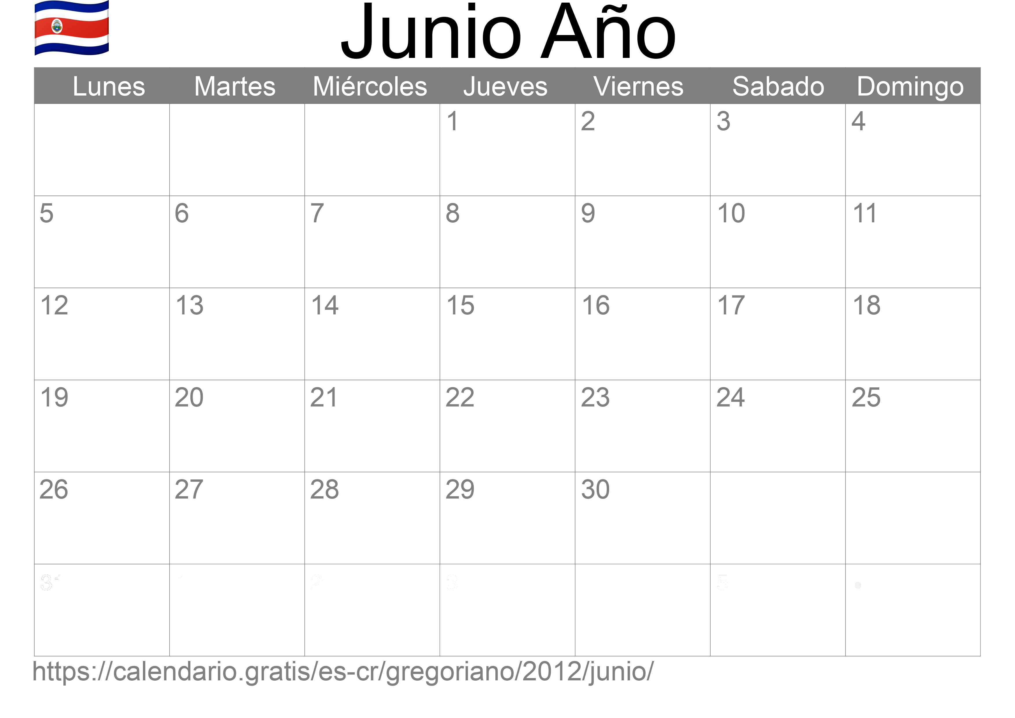 Calendario Junio 2012 para imprimir