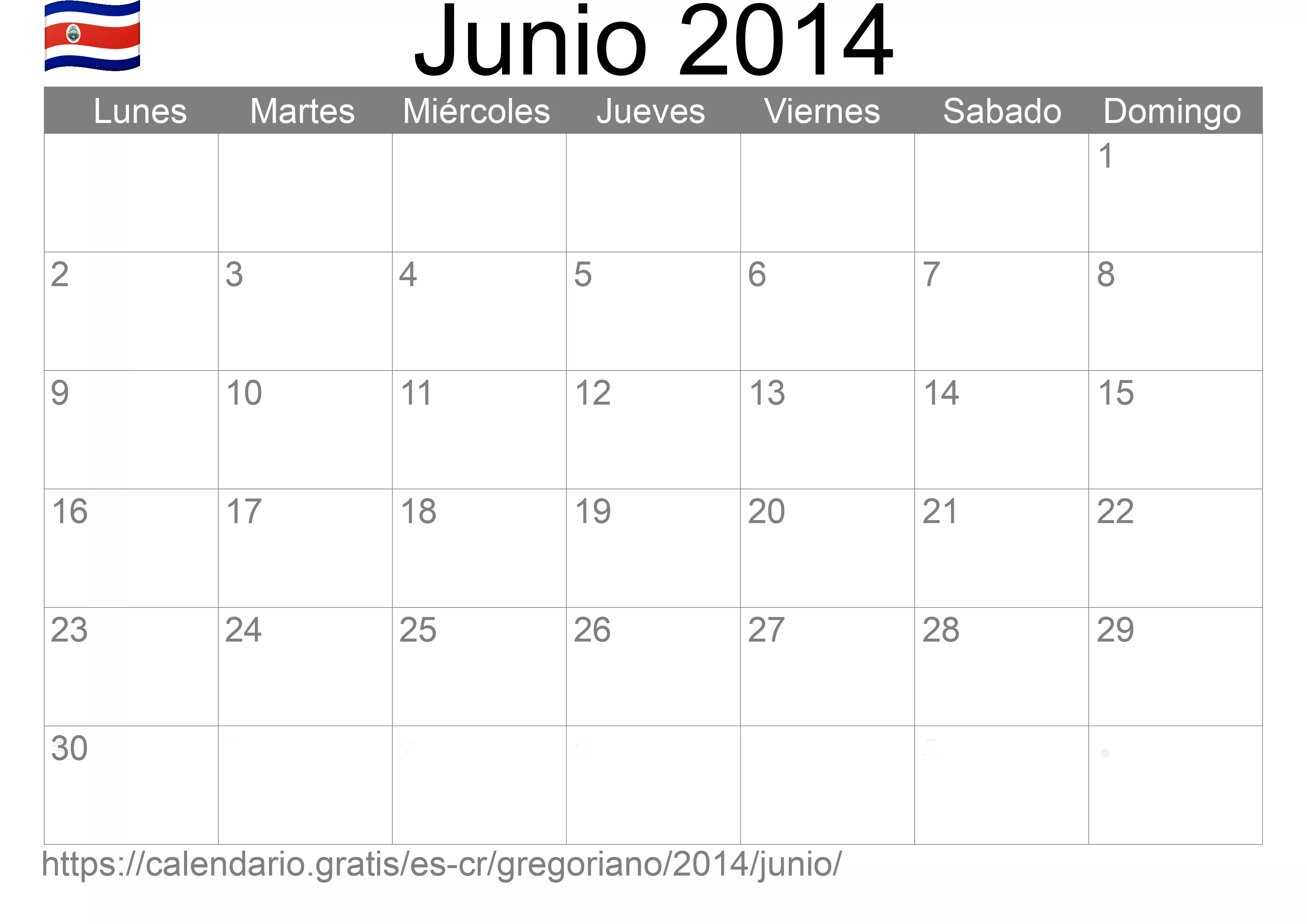 Calendario Junio 2014 para imprimir (Costa Rica)
