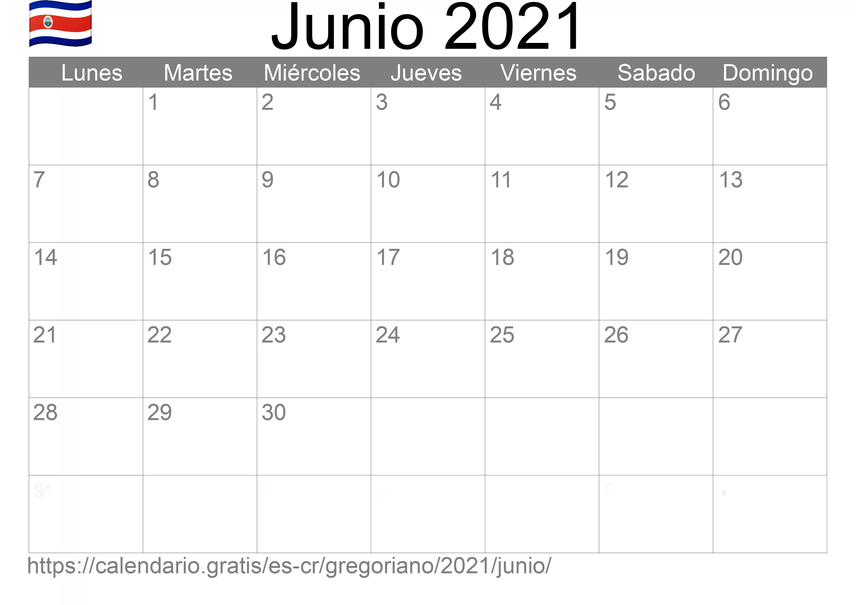 Calendario Junio 2021 para imprimir (Costa Rica)