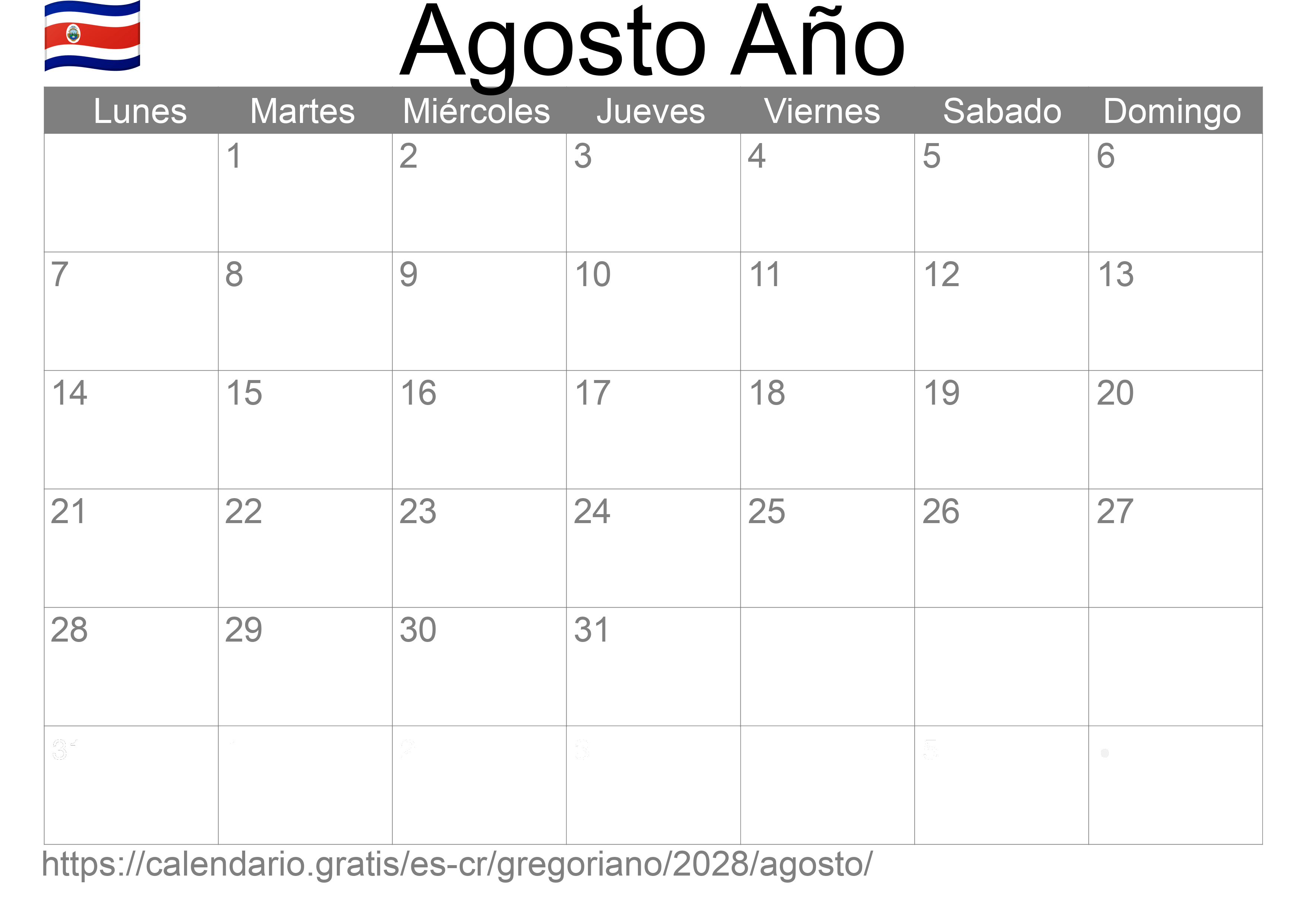 Calendario Agosto 2028 para imprimir