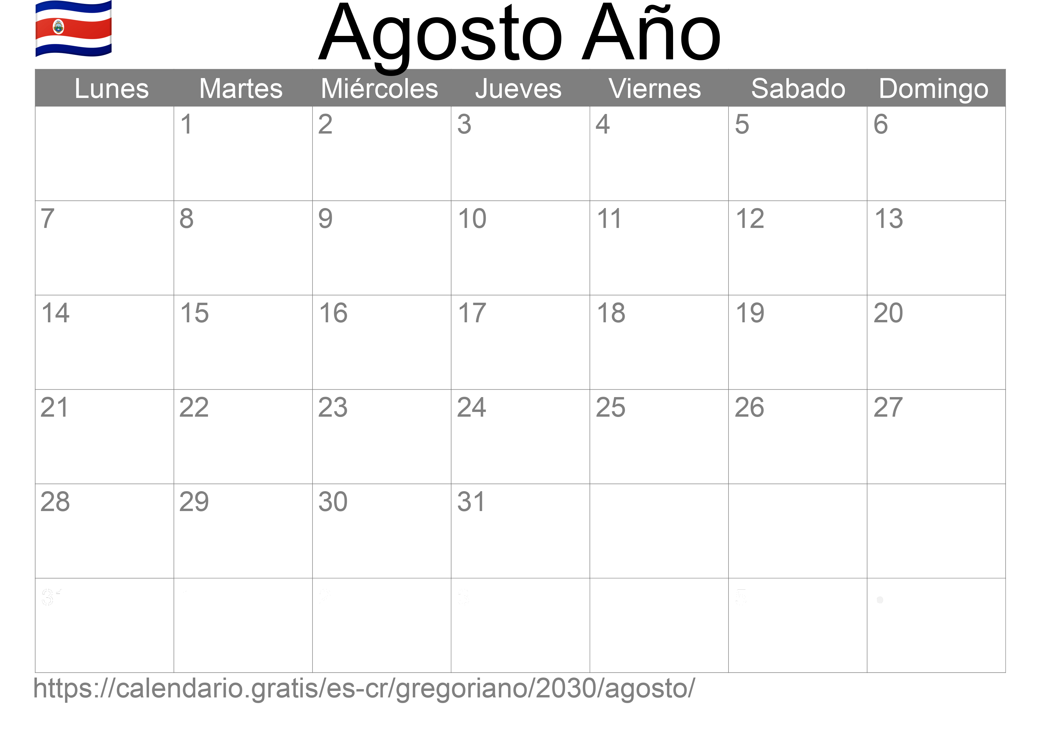 Calendario Agosto 2030 para imprimir