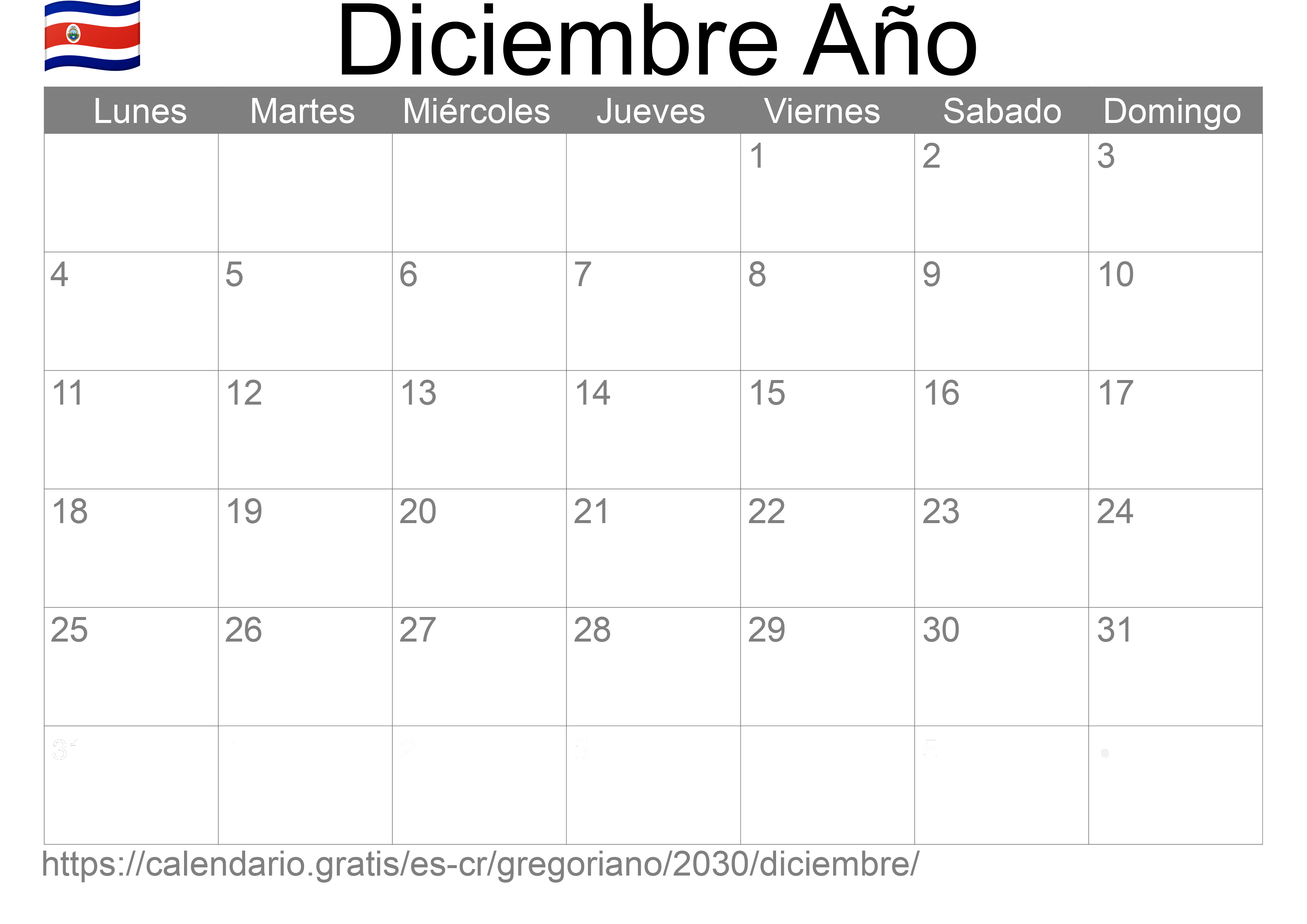 Calendario Diciembre 2030 para imprimir