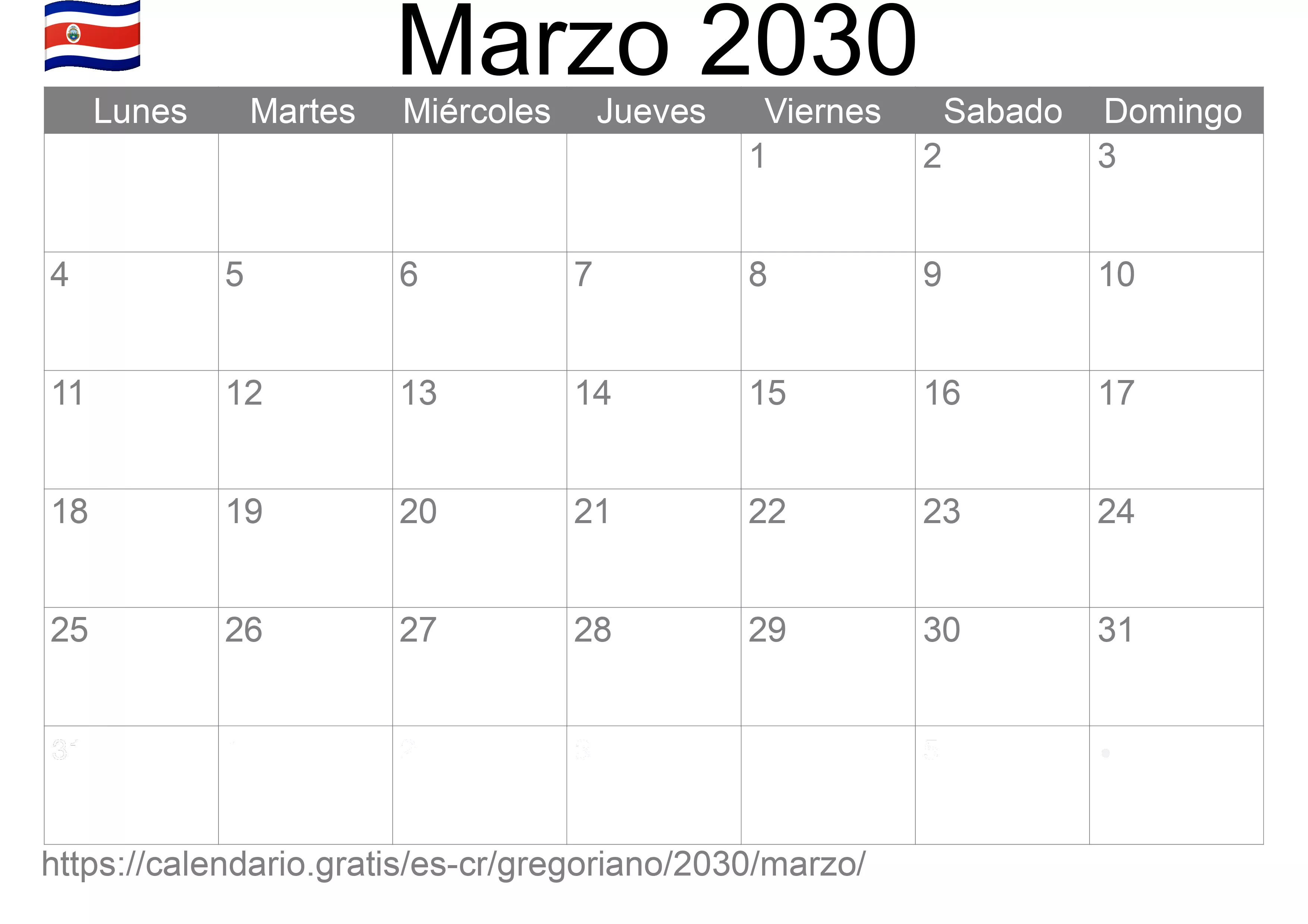 Calendario Marzo 2030 para imprimir (Costa Rica)