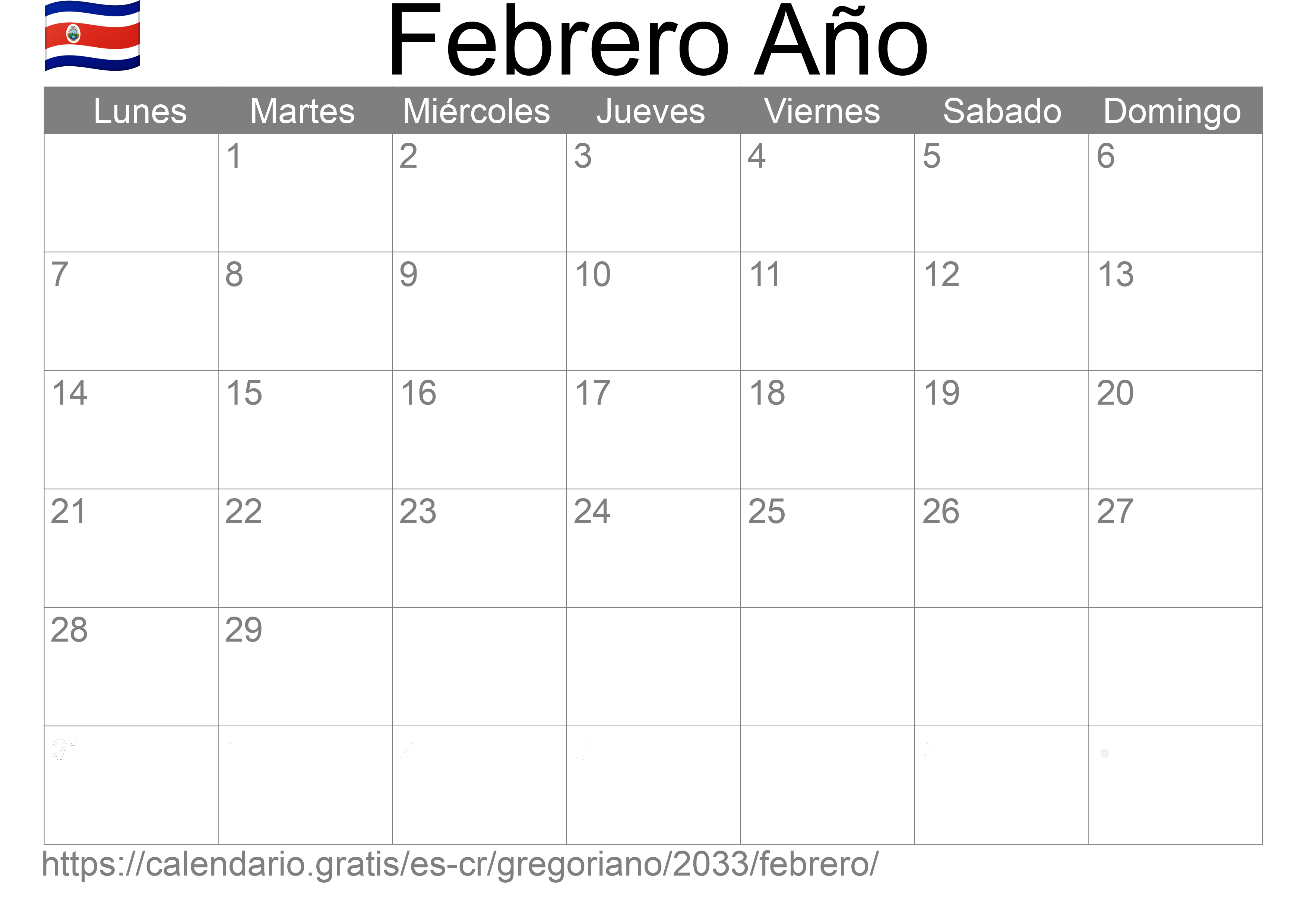 Calendario Febrero 2033 para imprimir