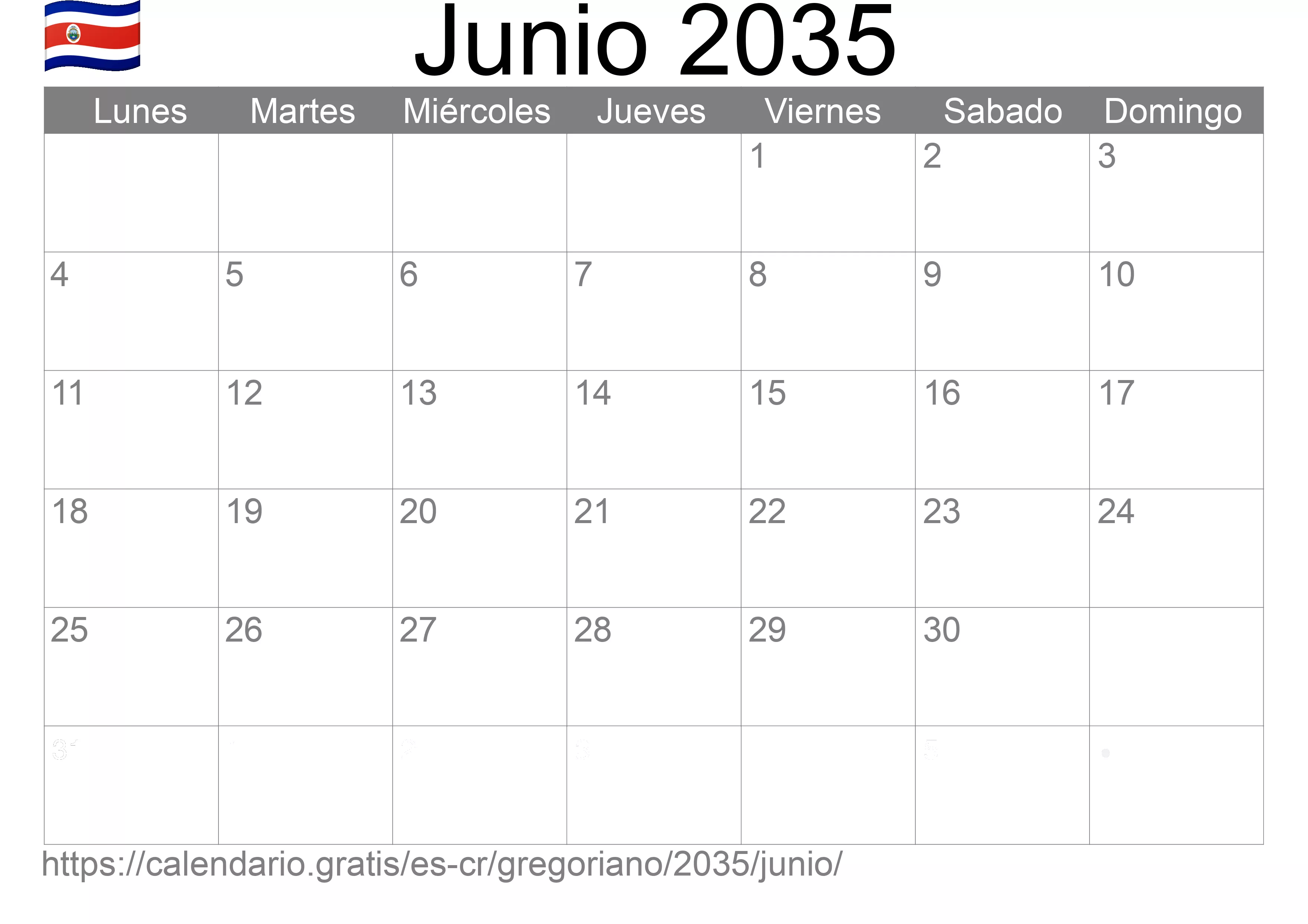 Calendario Junio 2035 para imprimir (Costa Rica)