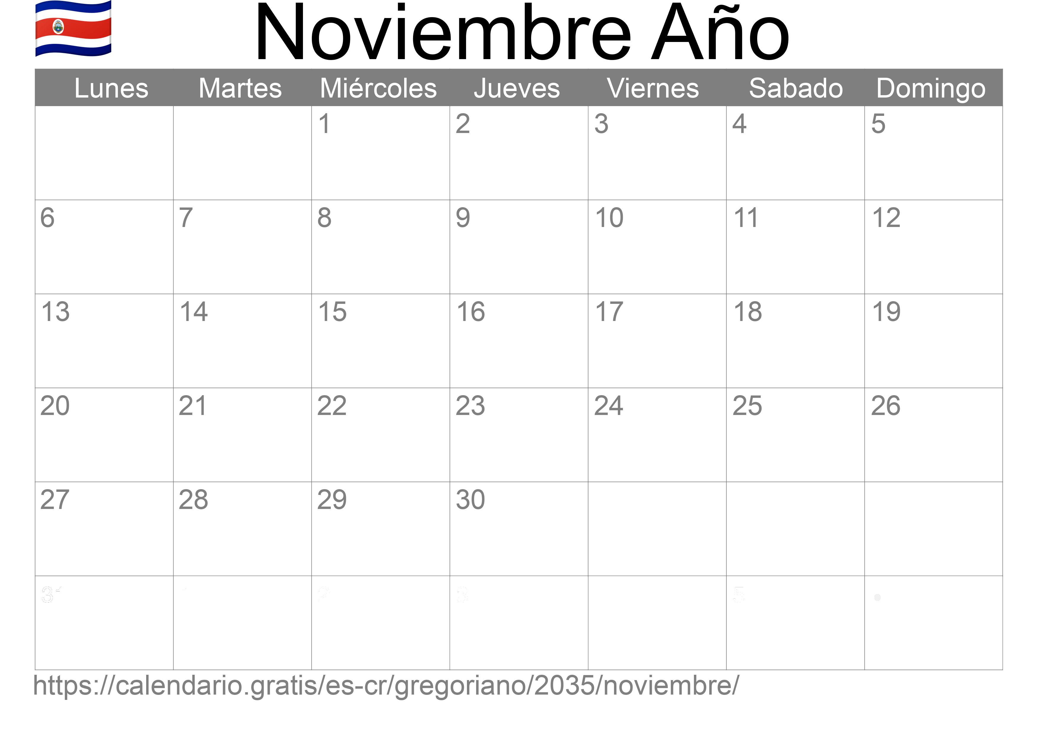 Calendario Noviembre 2035 para imprimir