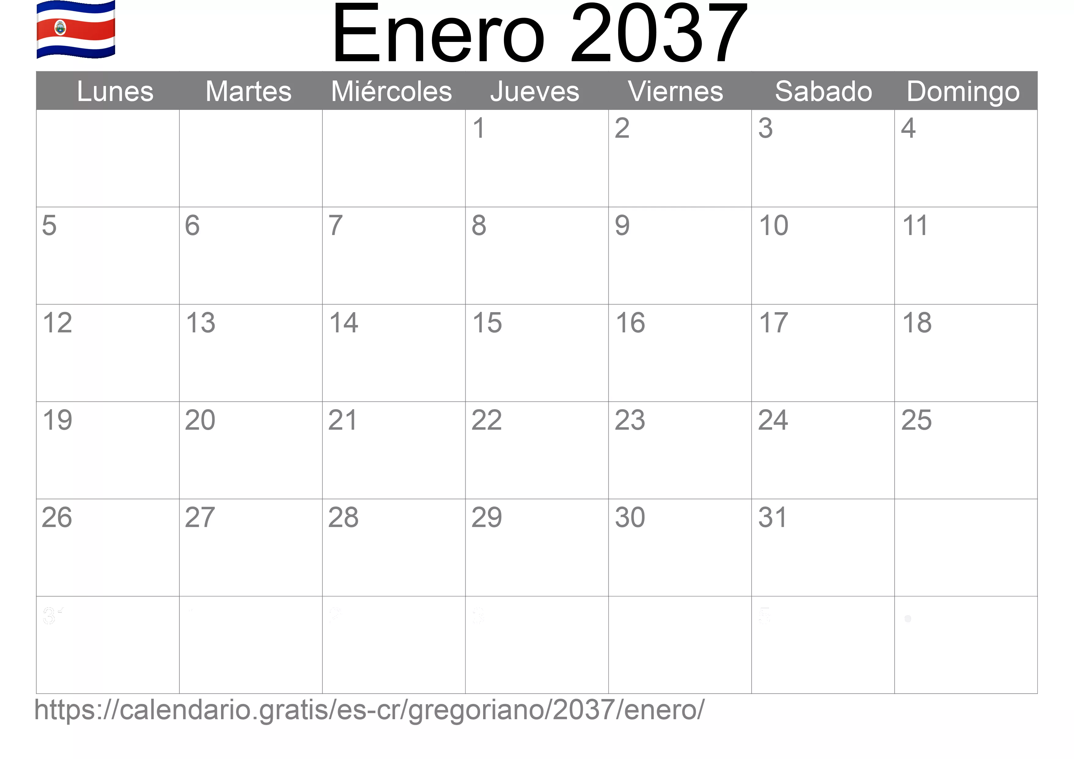 Calendario Enero 2037 para imprimir (Costa Rica)