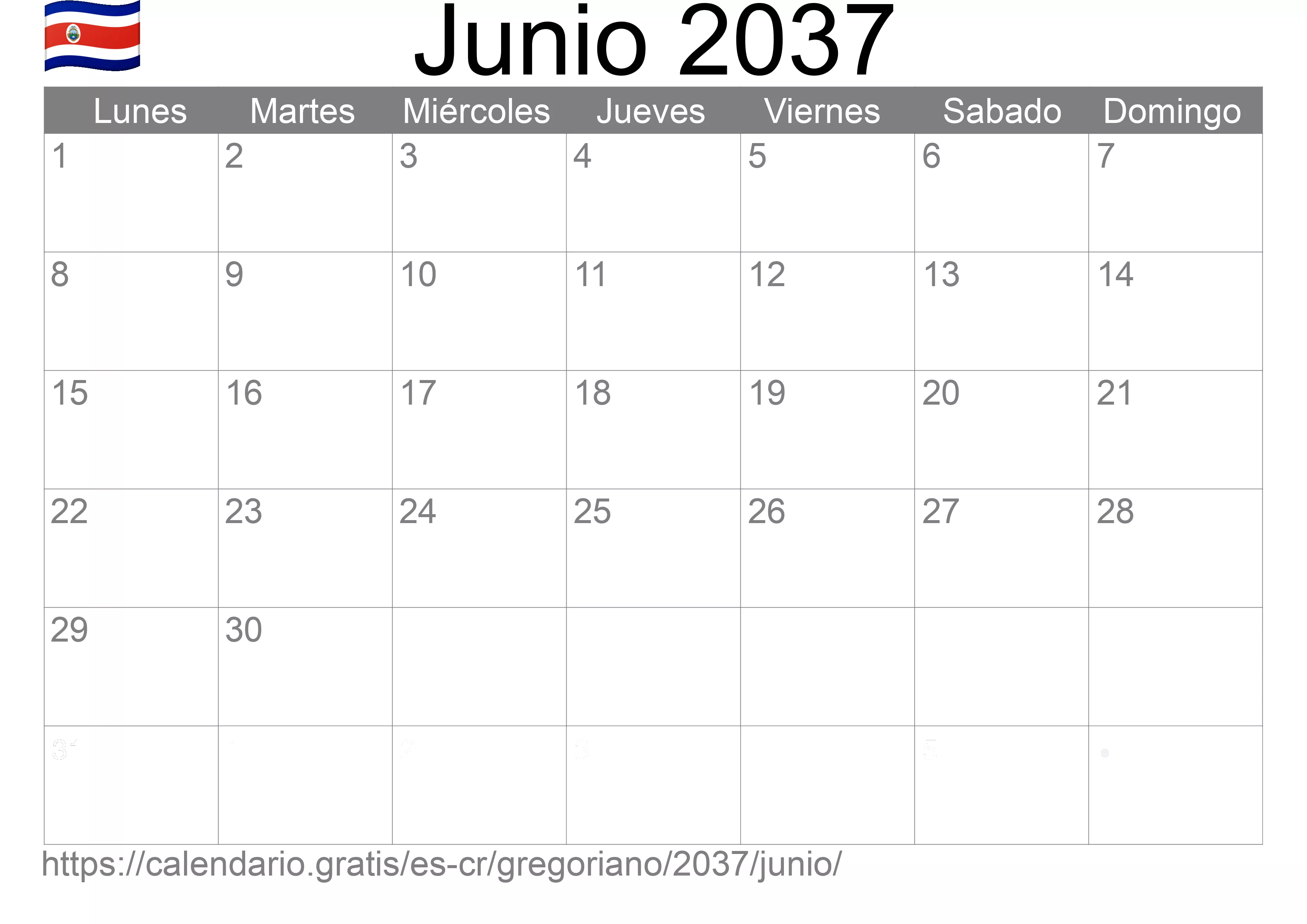 Calendario Junio 2037 para imprimir (Costa Rica)