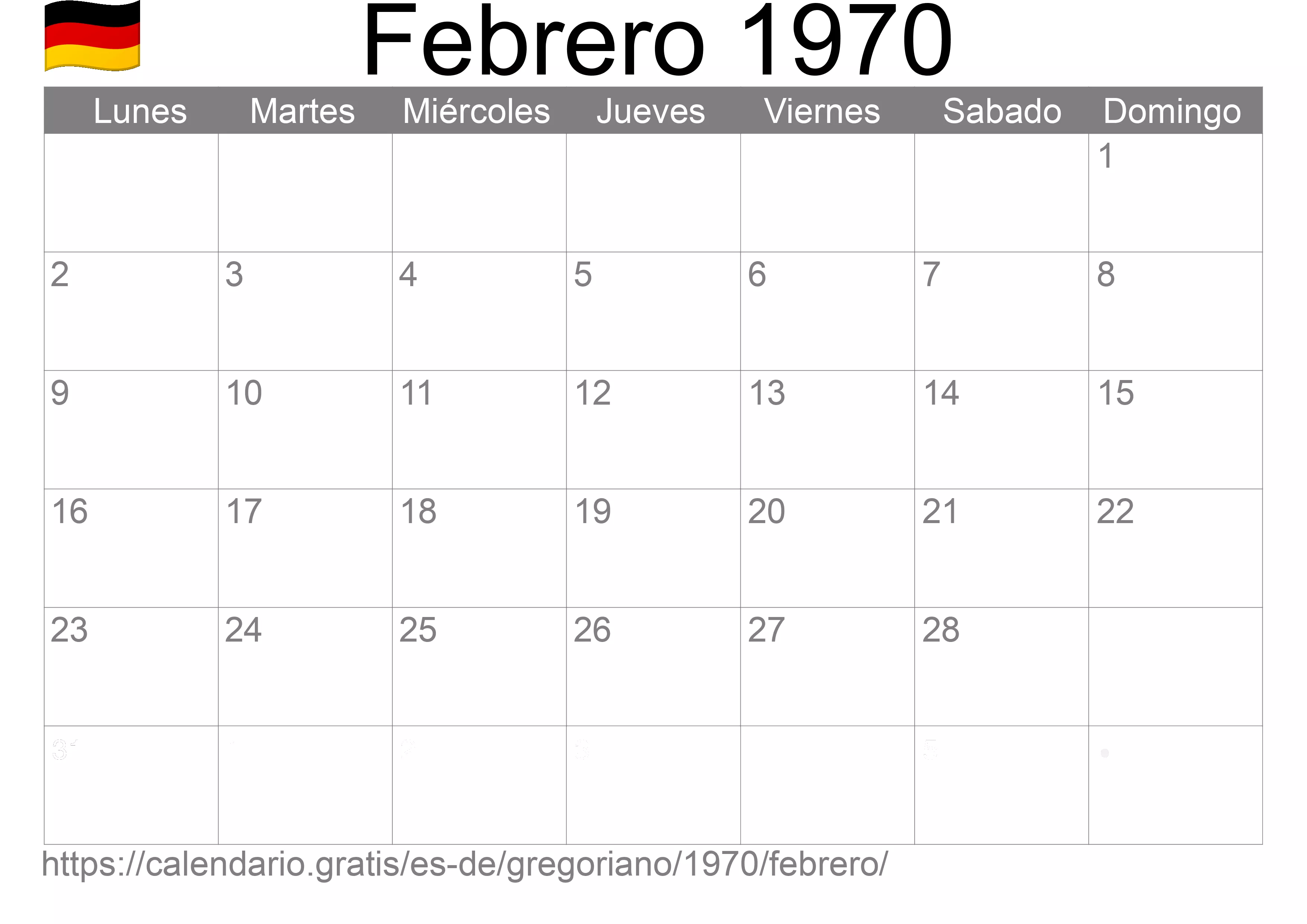Calendario Febrero 1970 para imprimir (Alemania)