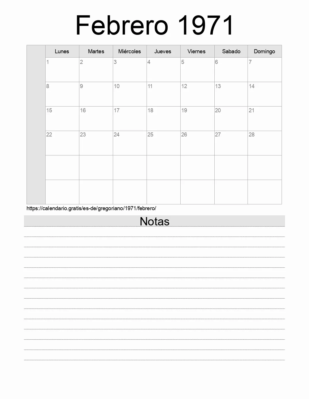 Calendario Febrero 1971 para imprimir con notas. (Alemania)