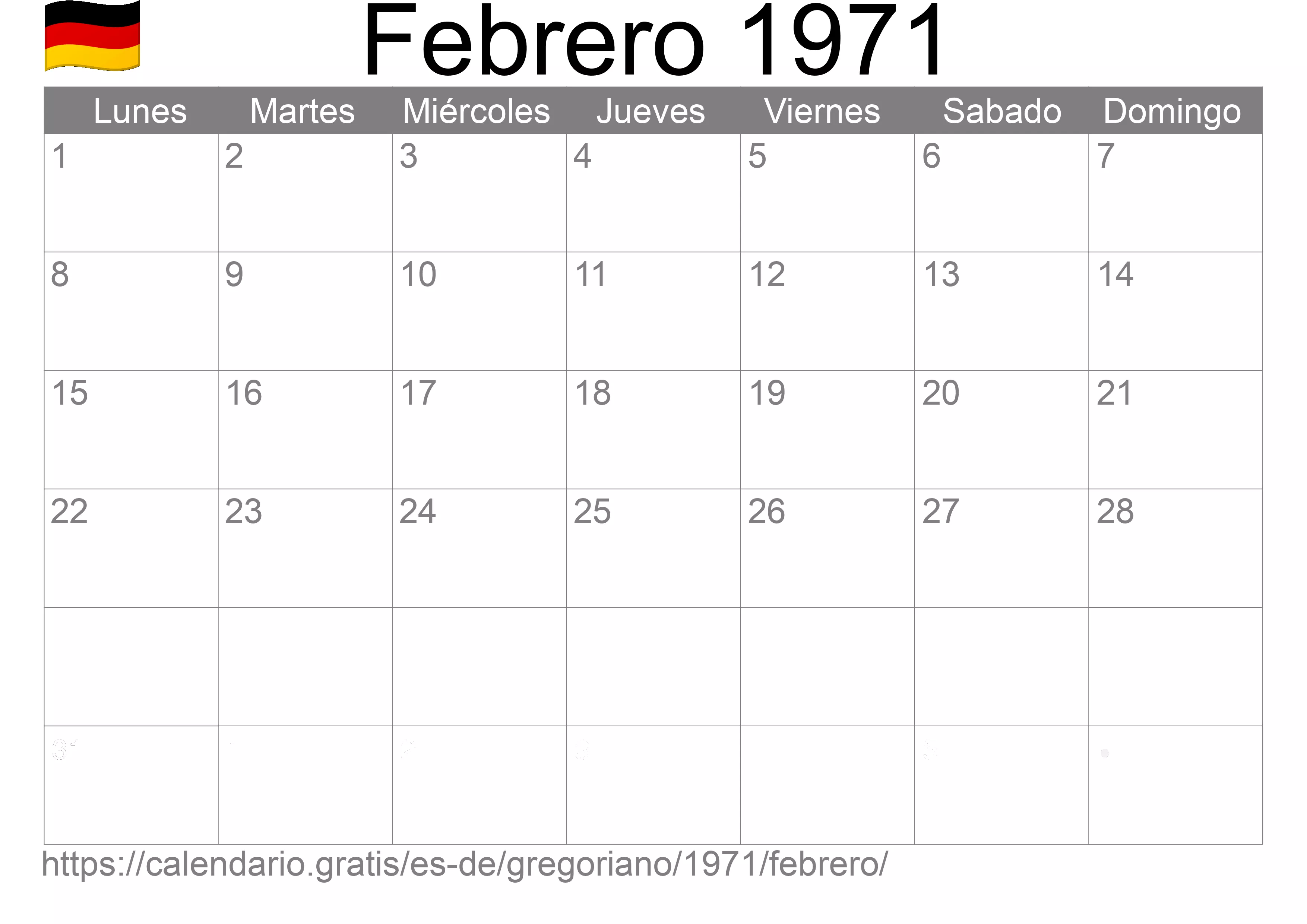 Calendario Febrero 1971 para imprimir (Alemania)