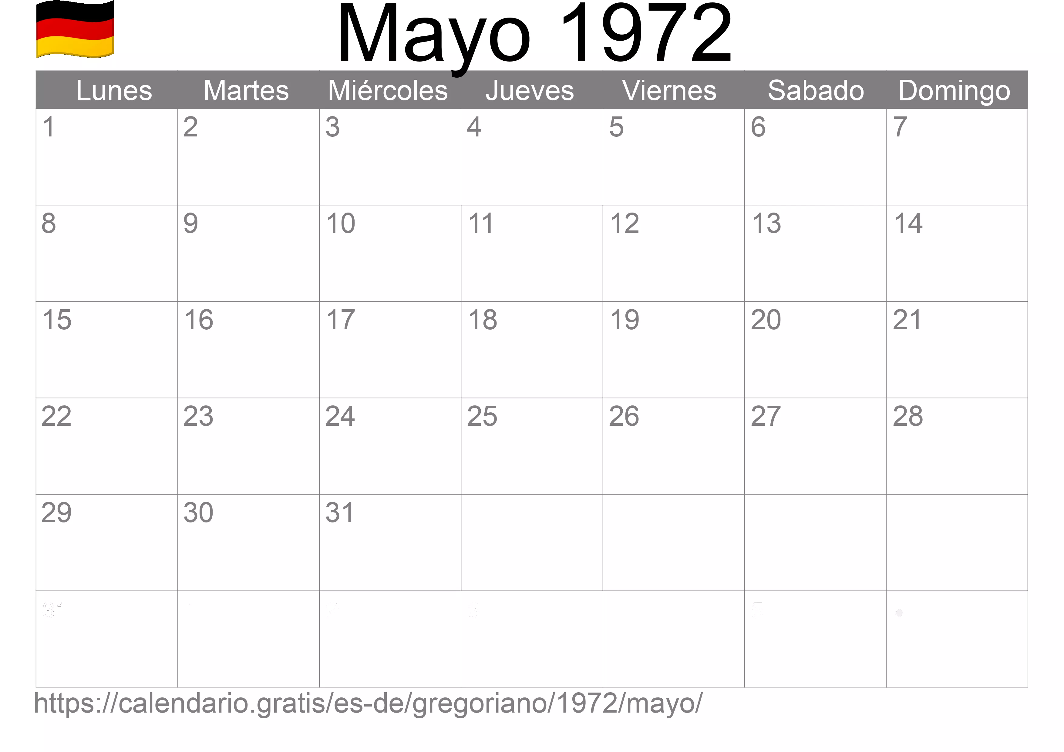 Calendario Mayo 1972 para imprimir (Alemania)