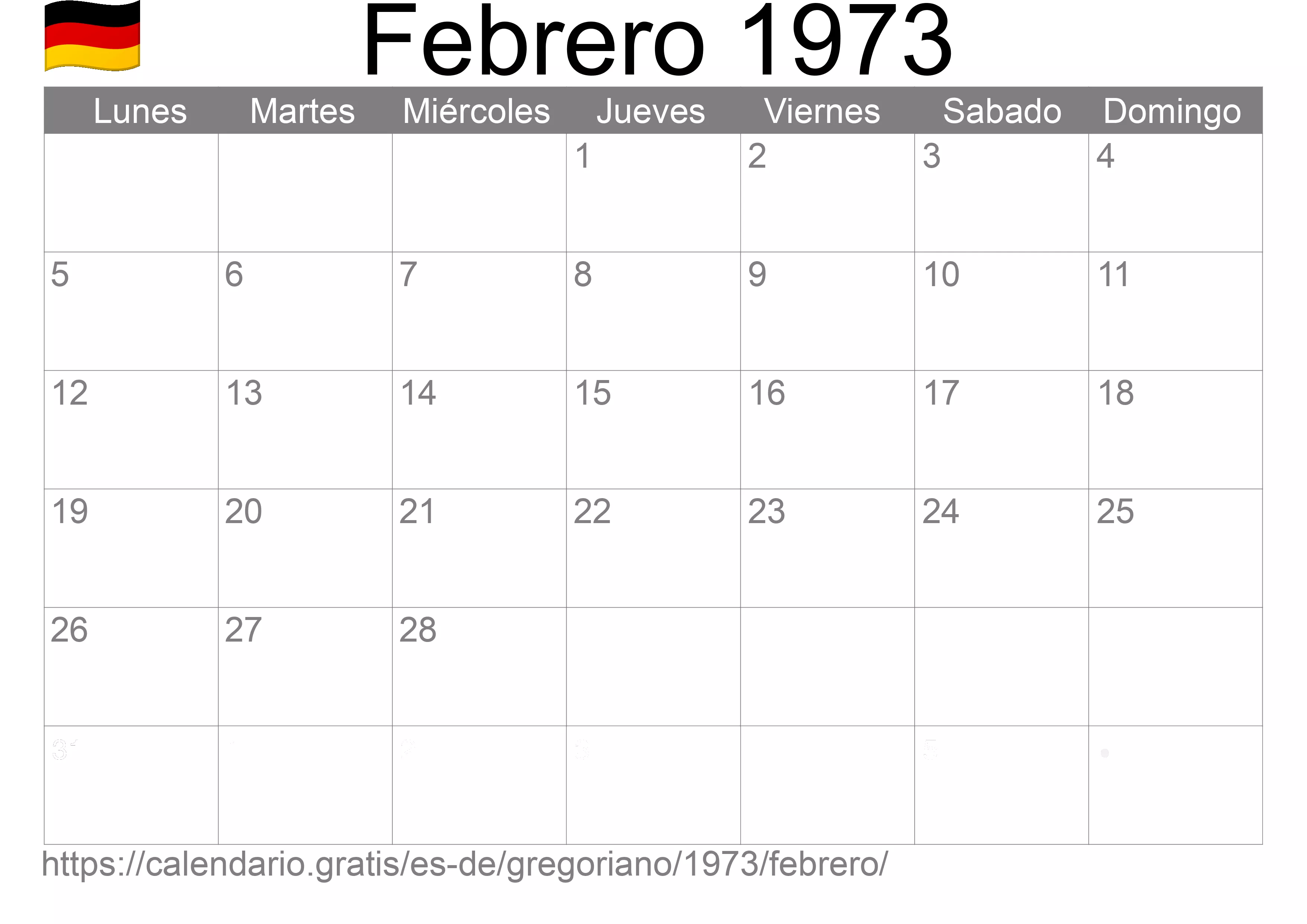 Calendario Febrero 1973 para imprimir (Alemania)