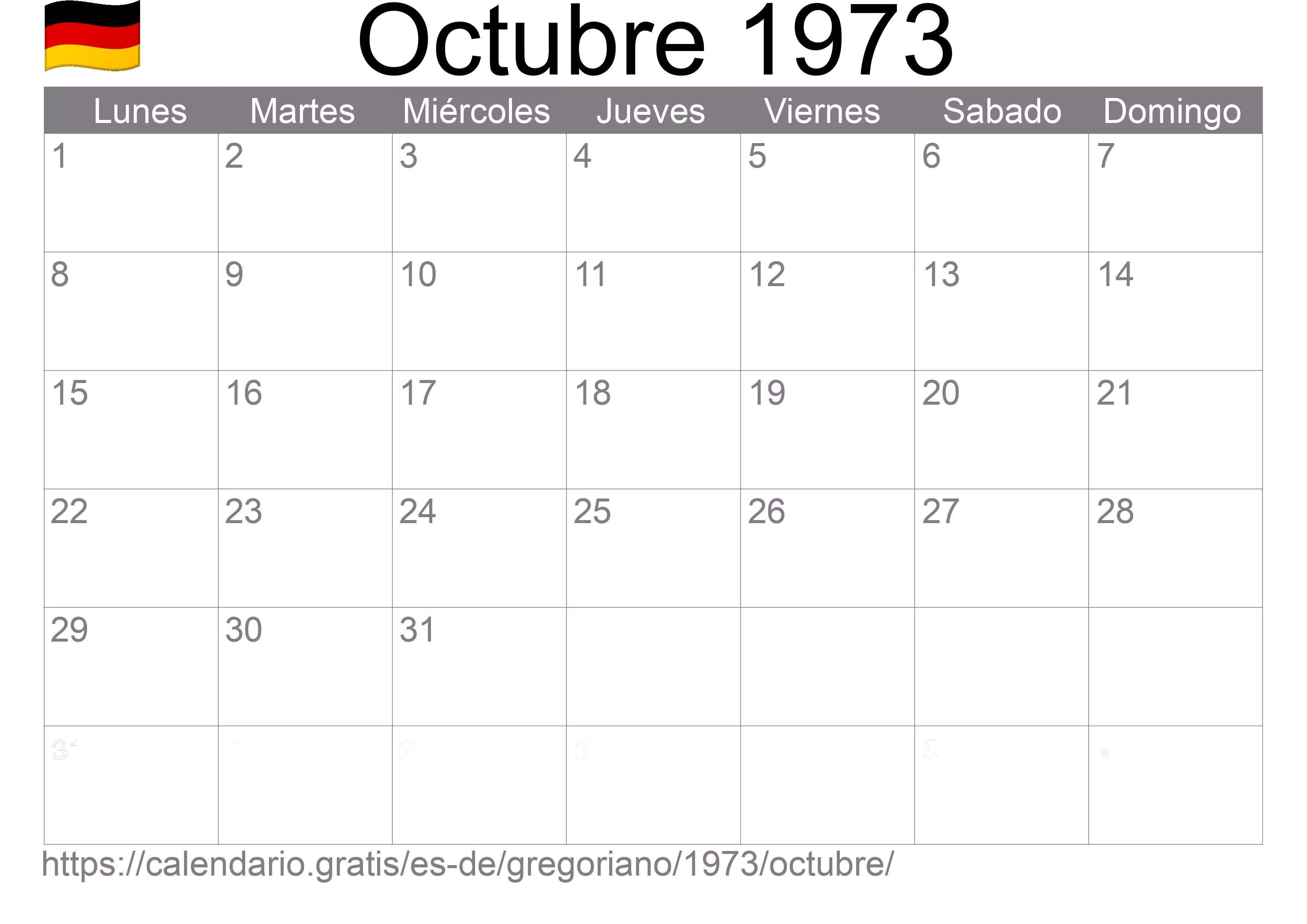 Calendario Octubre 1973 para imprimir (Alemania)