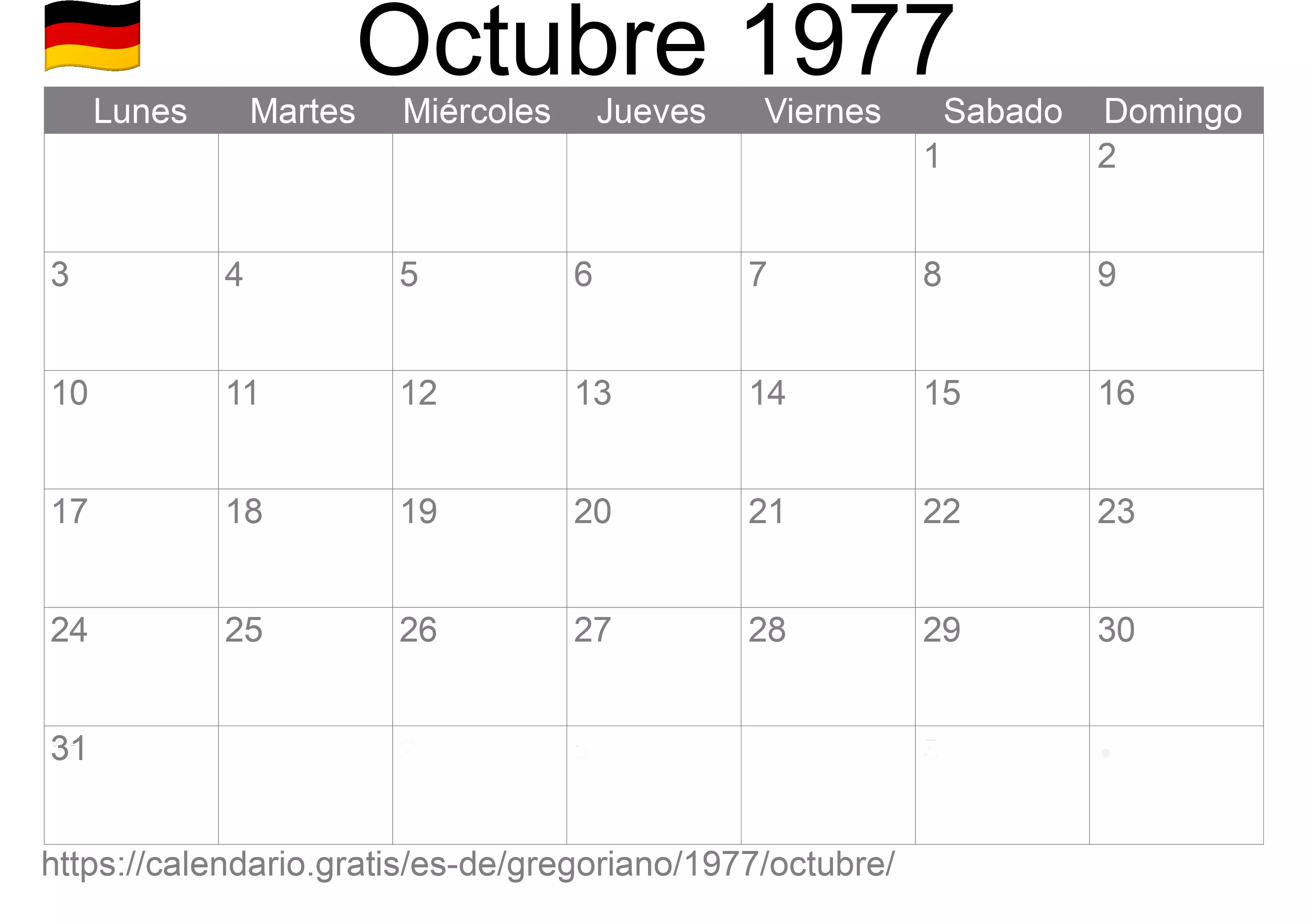Calendario Octubre 1977 para imprimir (Alemania)