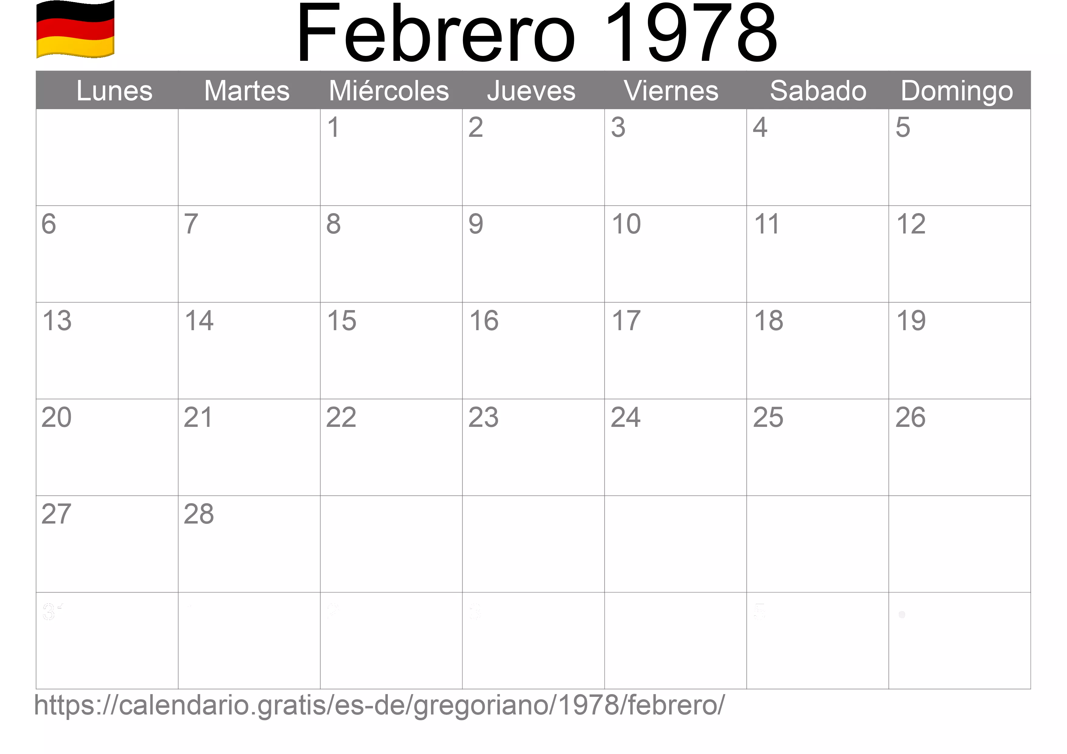 Calendario Febrero 1978 para imprimir (Alemania)