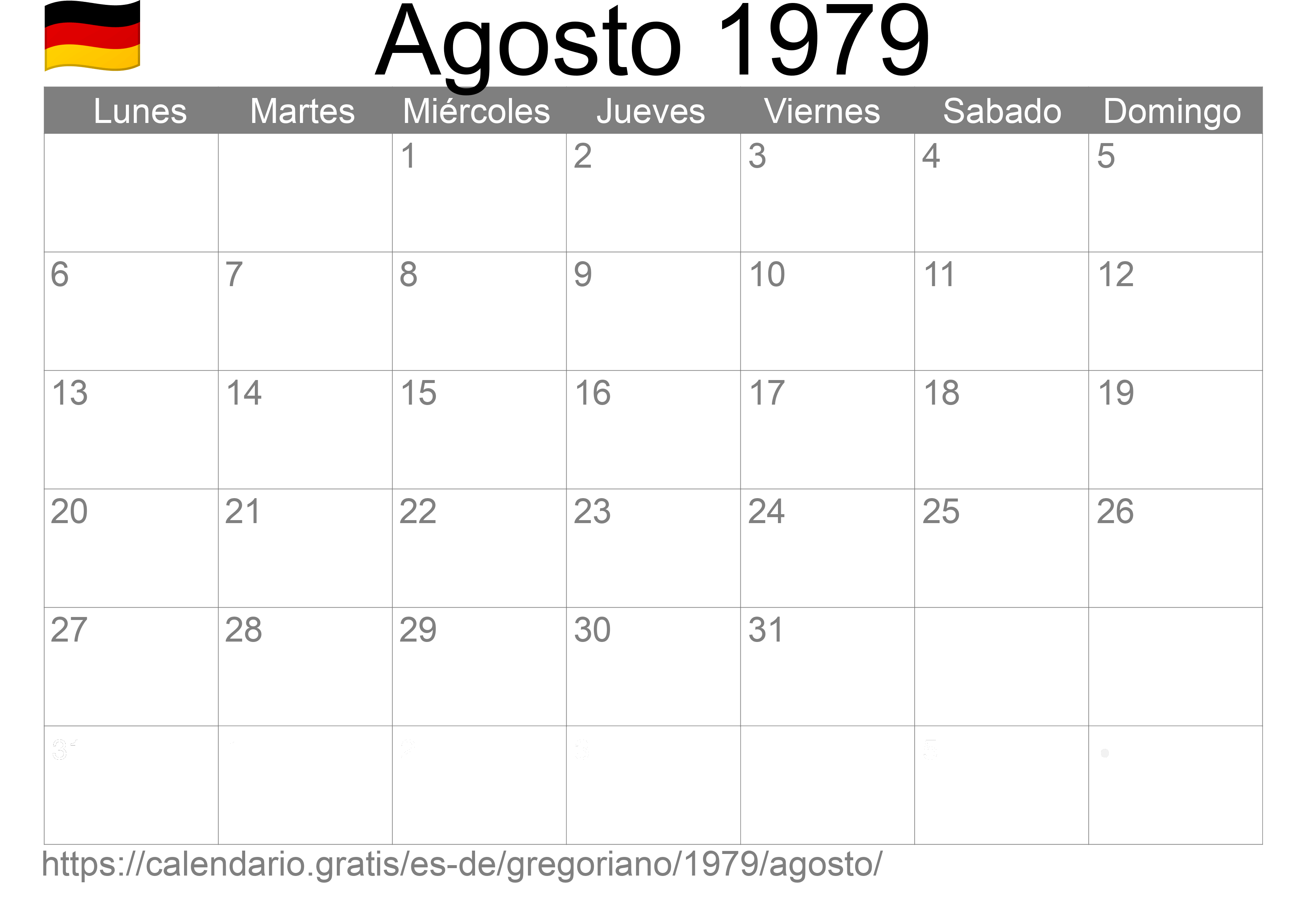 Calendario Agosto 1979 para imprimir