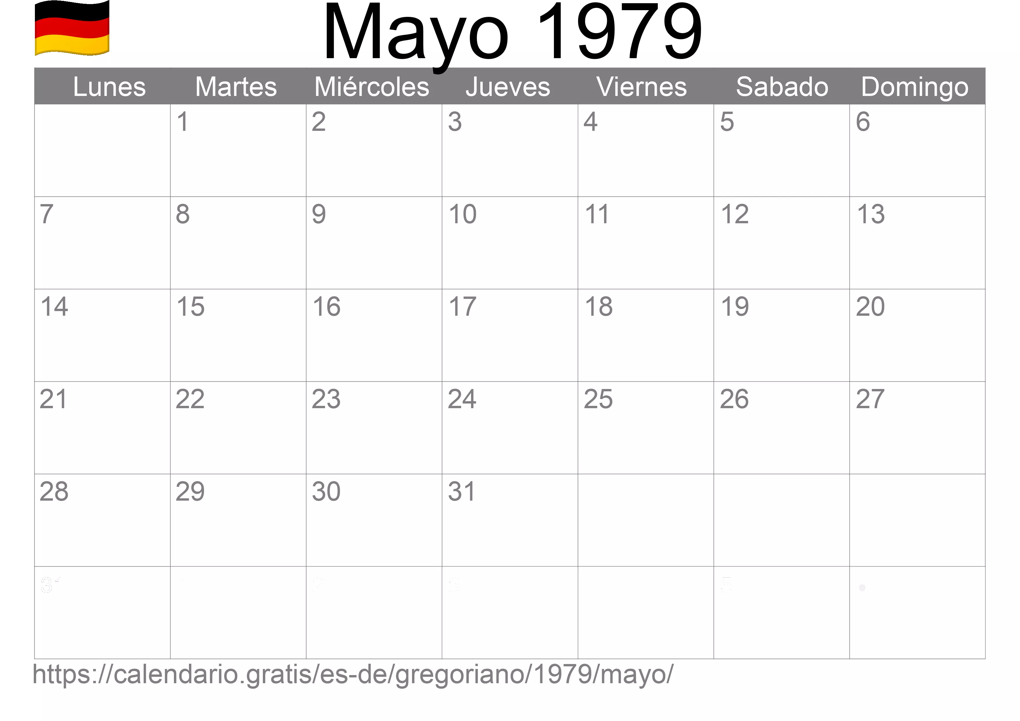 Calendario Mayo 1979 para imprimir (Alemania)