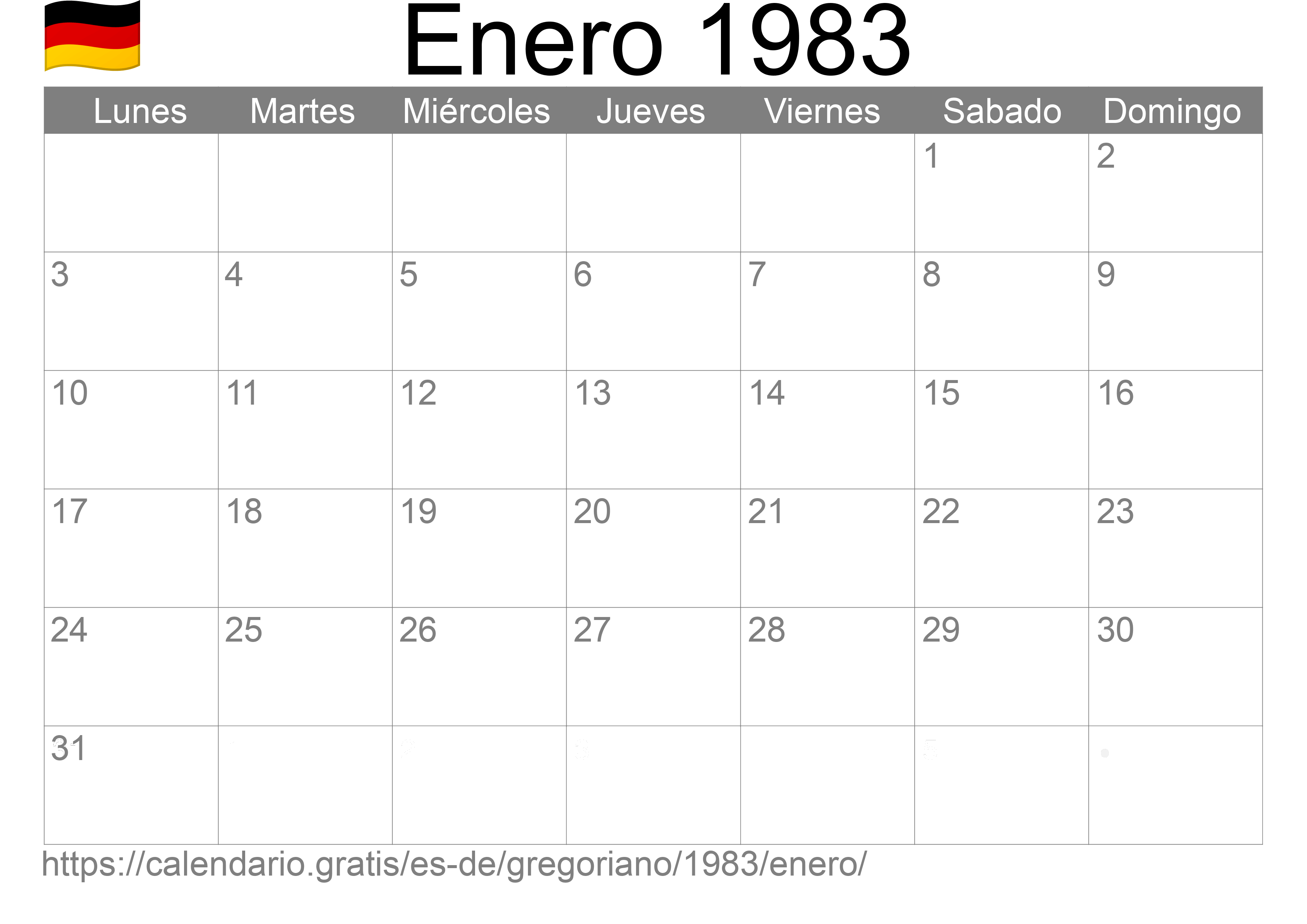 Calendario Enero 1983 para imprimir