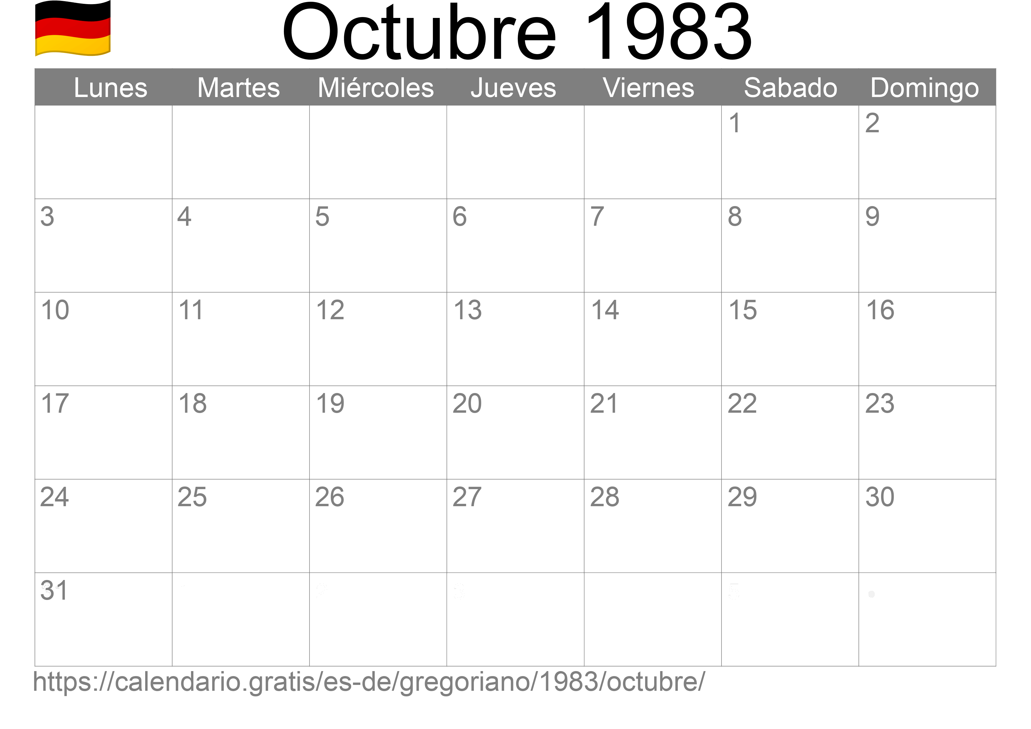 Calendario Octubre 1983 para imprimir