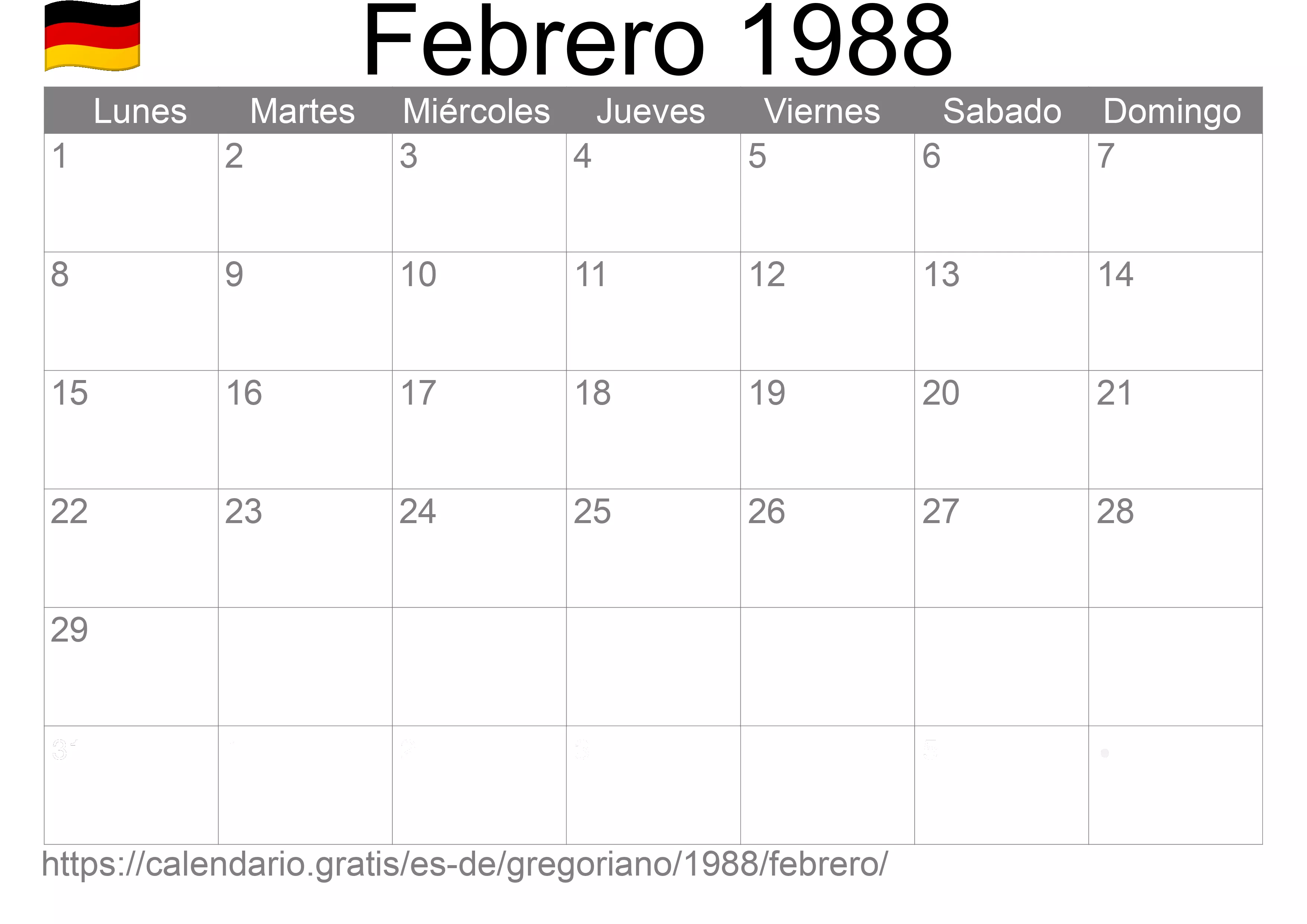 Calendario Febrero 1988 para imprimir (Alemania)