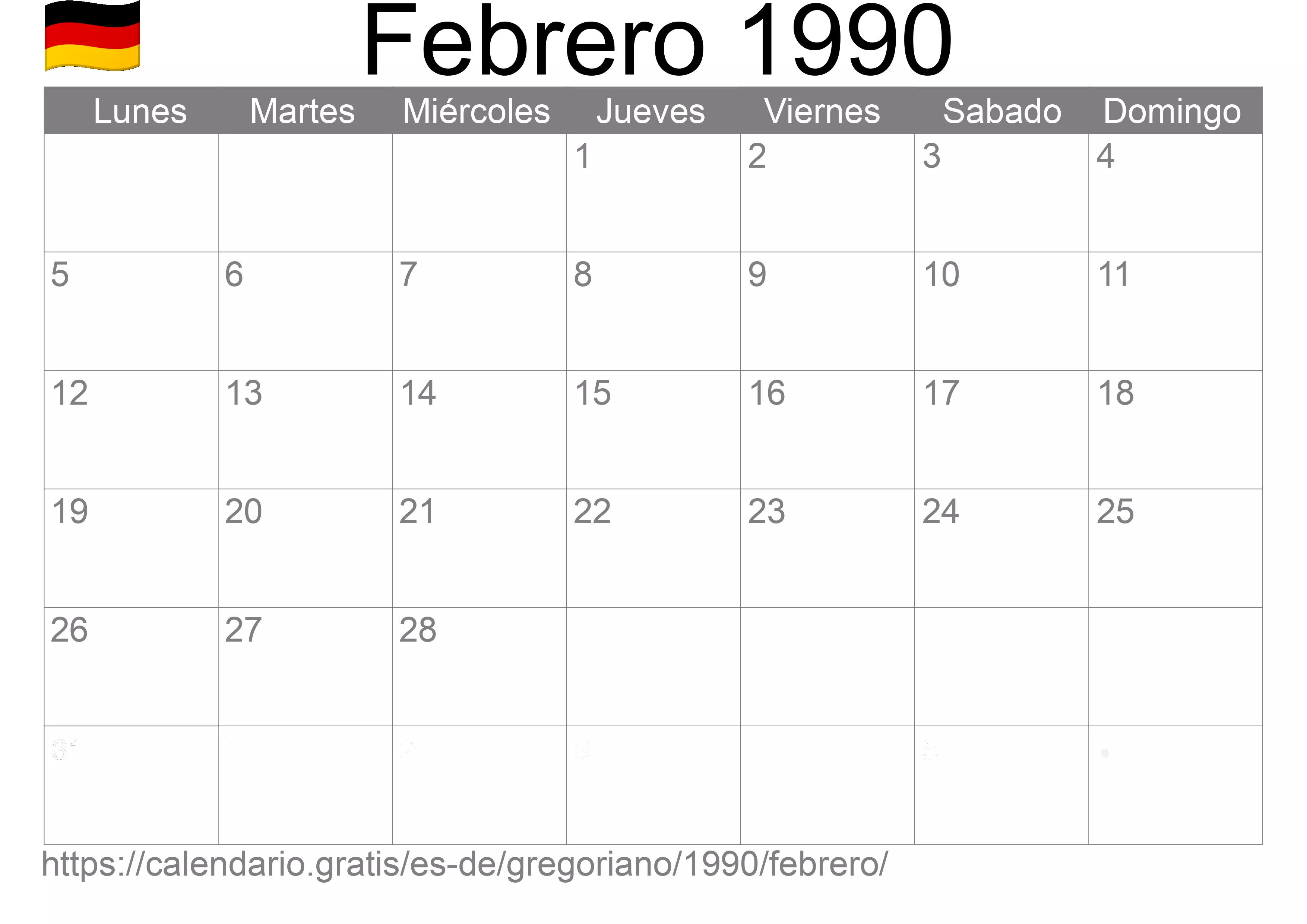 Calendario Febrero 1990 para imprimir (Alemania)