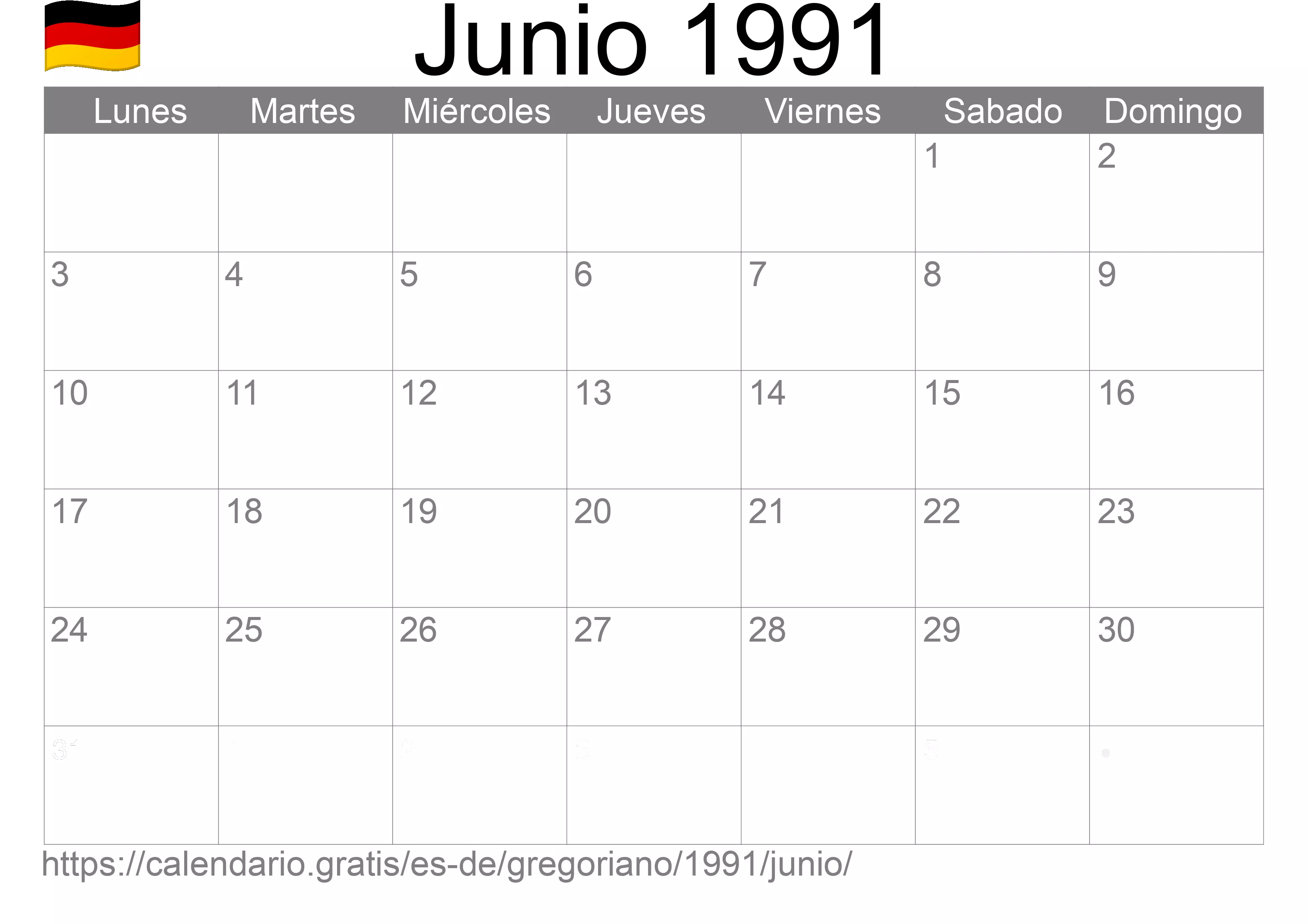 Calendario Junio 1991 para imprimir (Alemania)