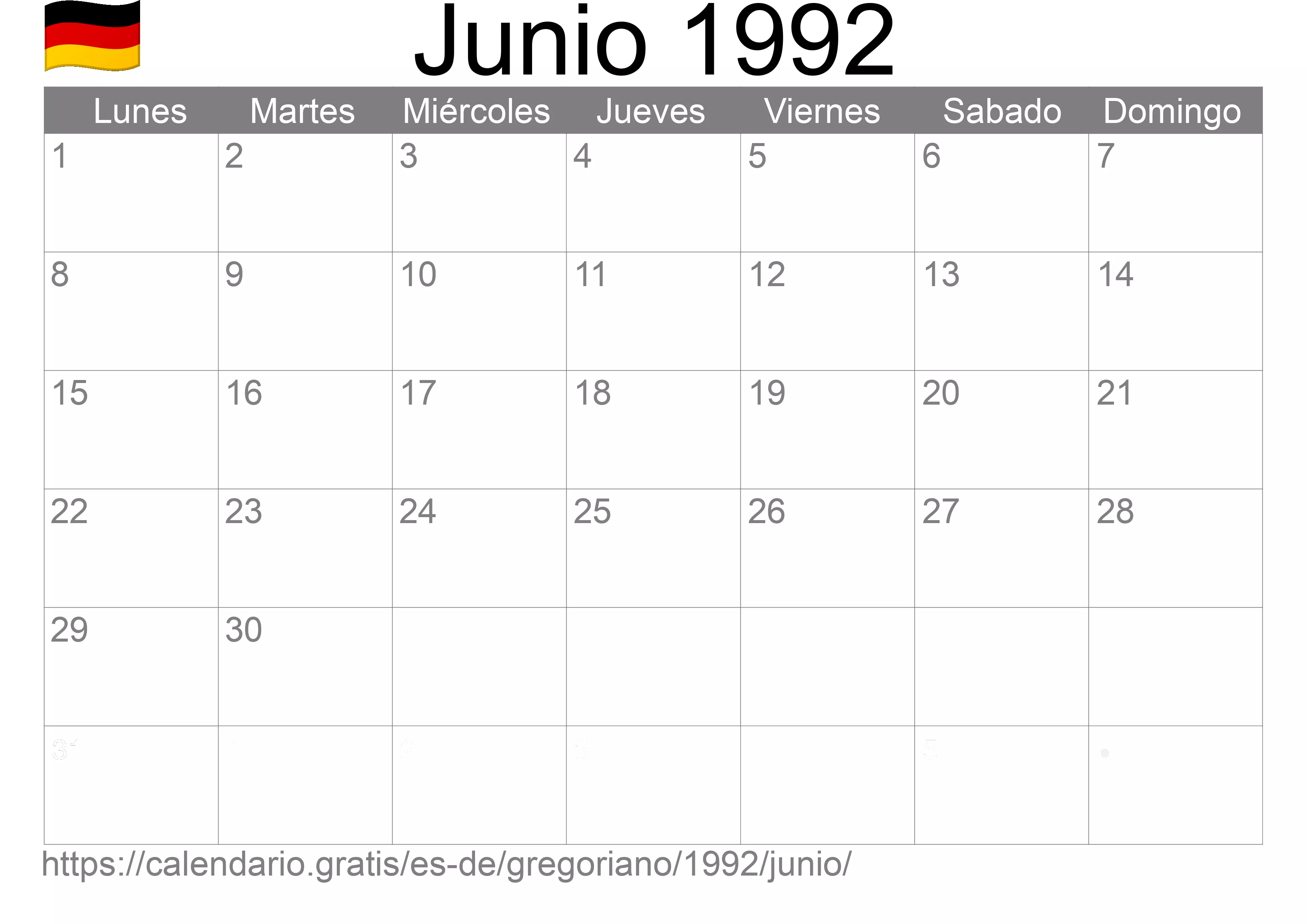 Calendario Junio 1992 para imprimir (Alemania)