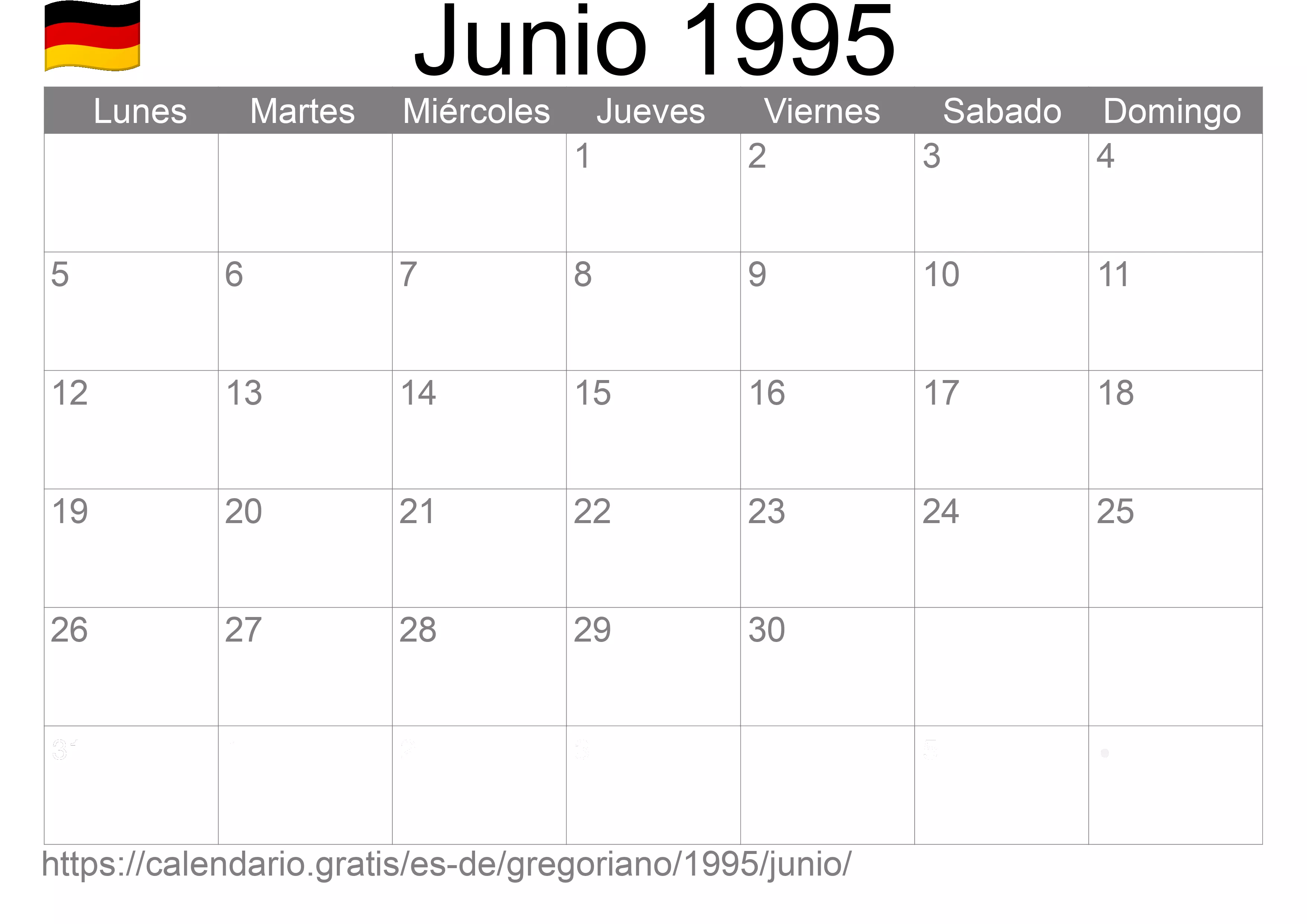 Calendario Junio 1995 para imprimir (Alemania)