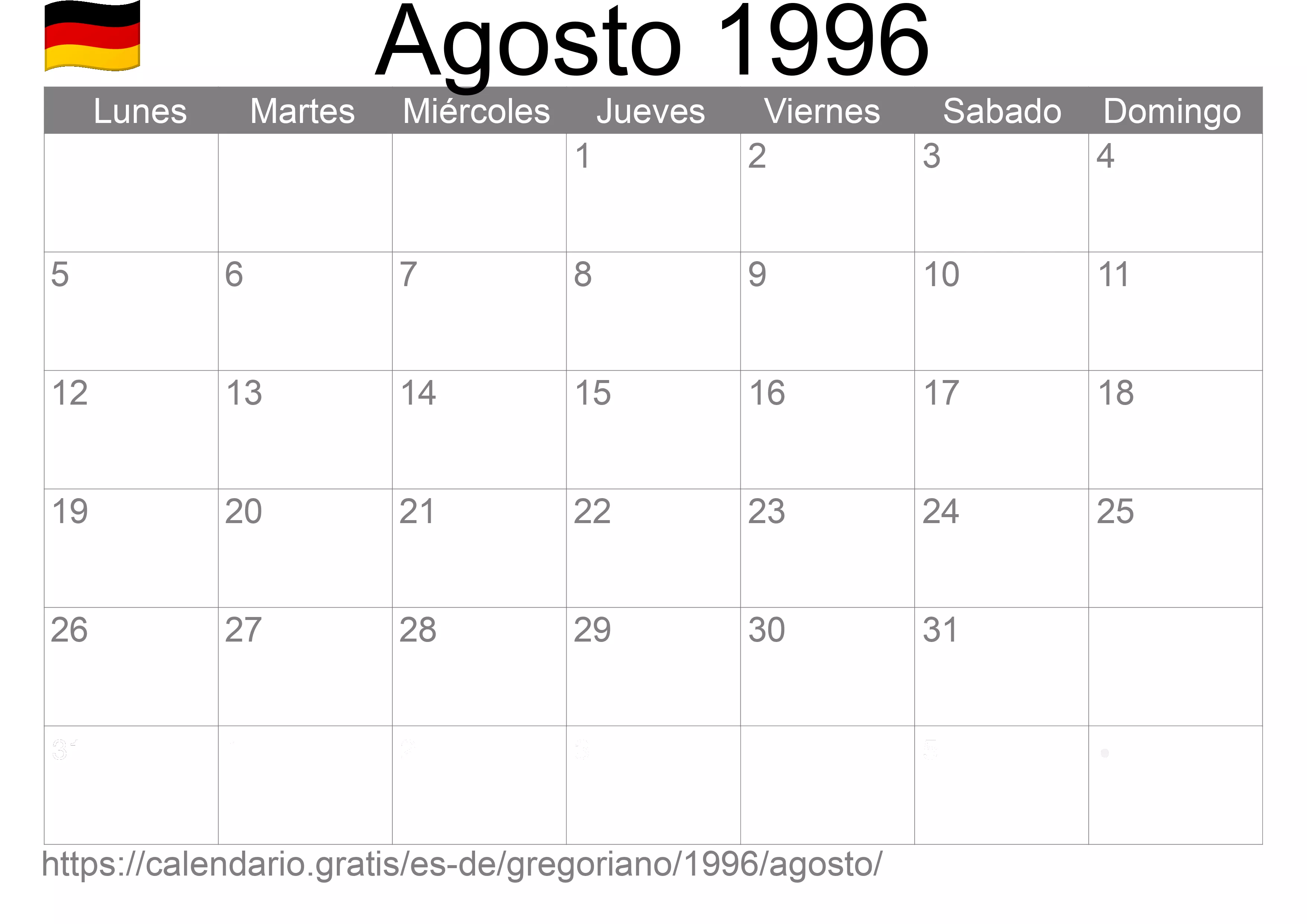 Calendario Agosto 1996 para imprimir (Alemania)