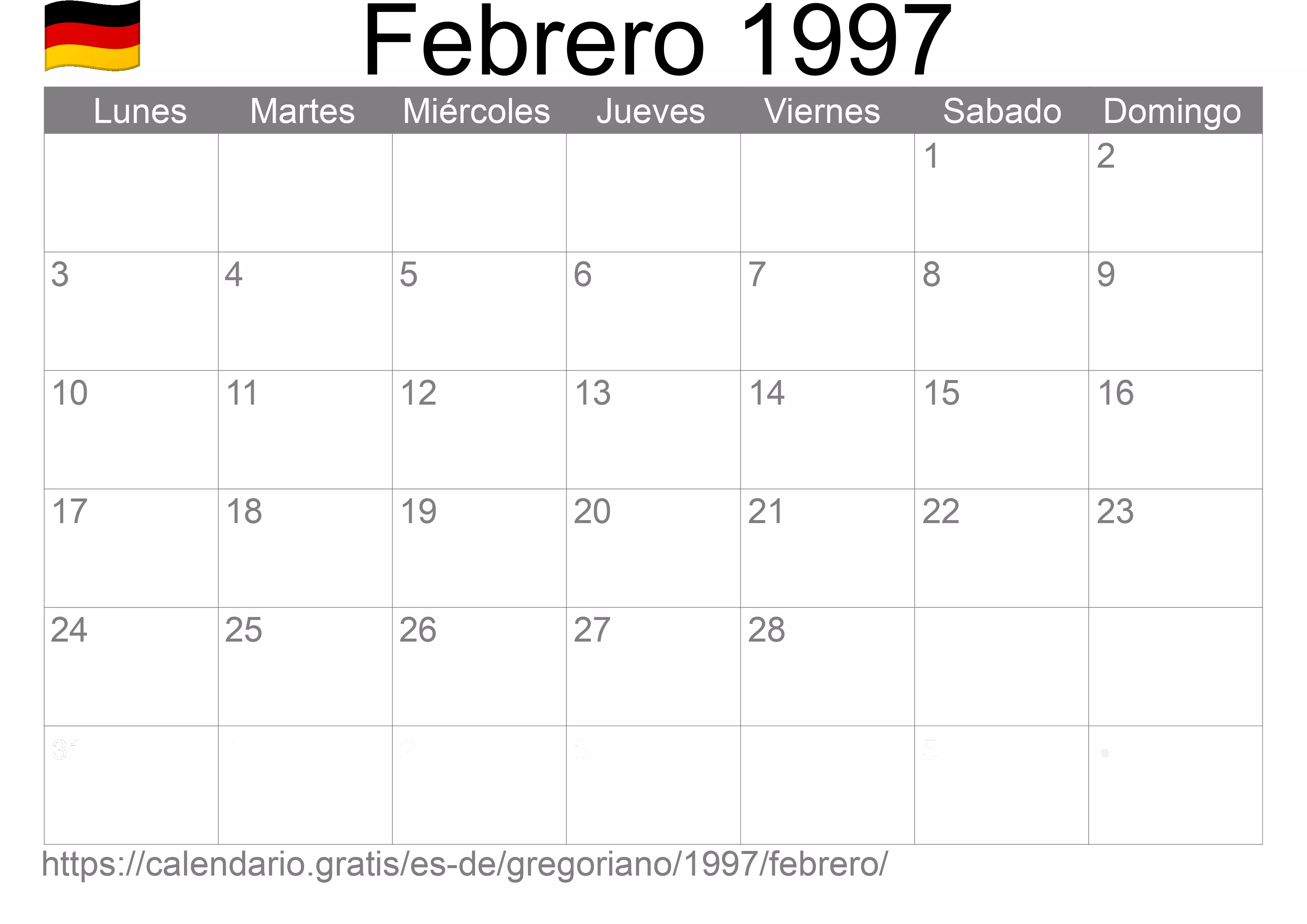 Calendario Febrero 1997 para imprimir (Alemania)