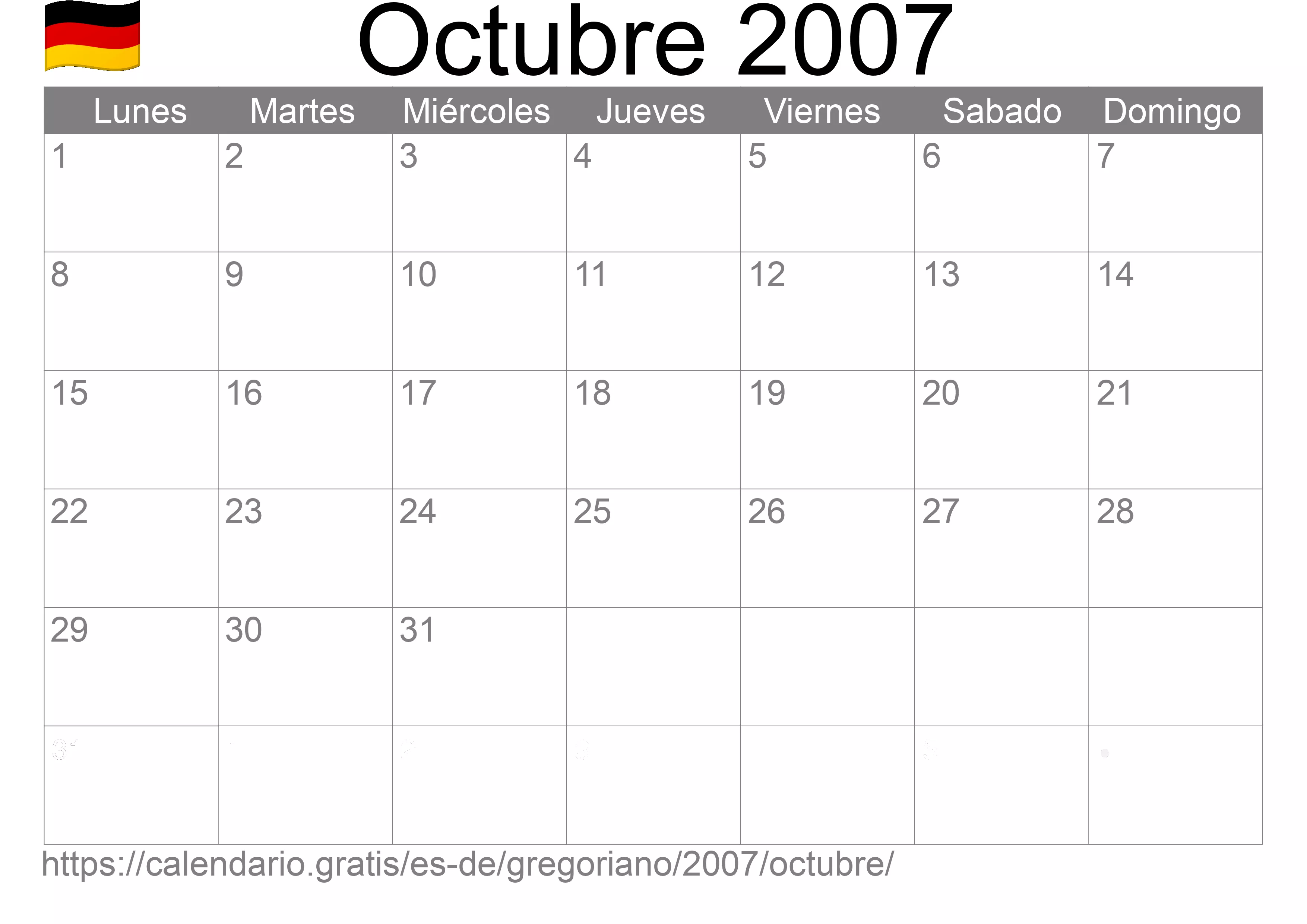 Calendario Octubre 2007 para imprimir (Alemania)