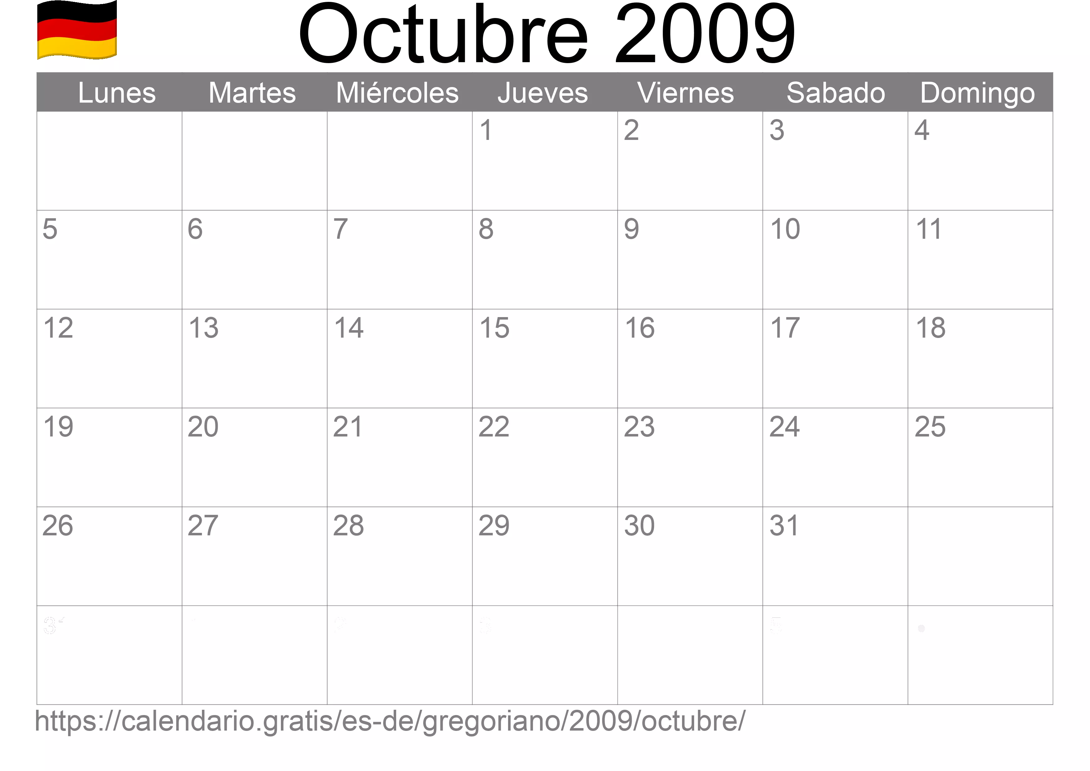 Calendario Octubre 2009 para imprimir (Alemania)