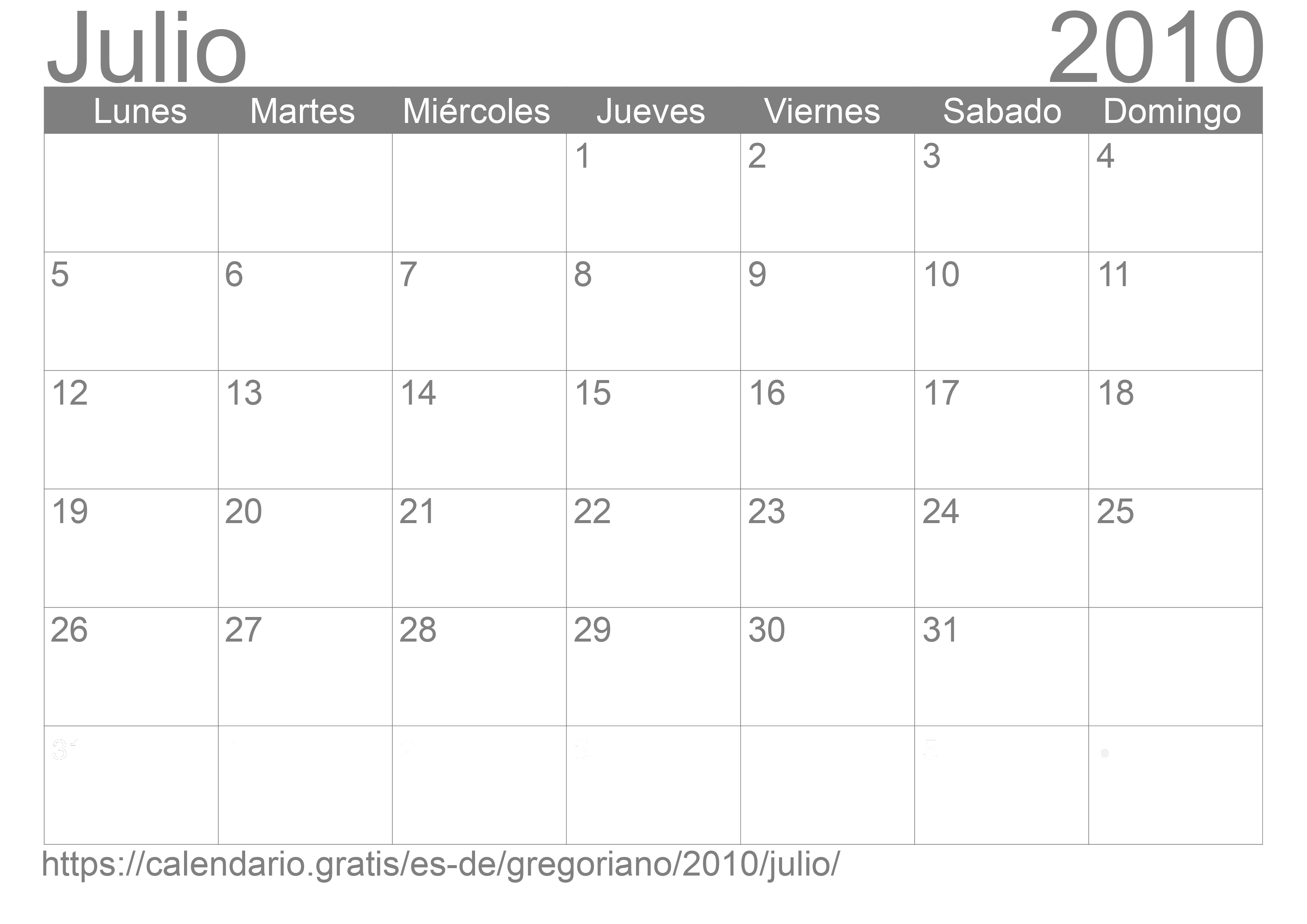 Calendario Julio 2010 para imprimir