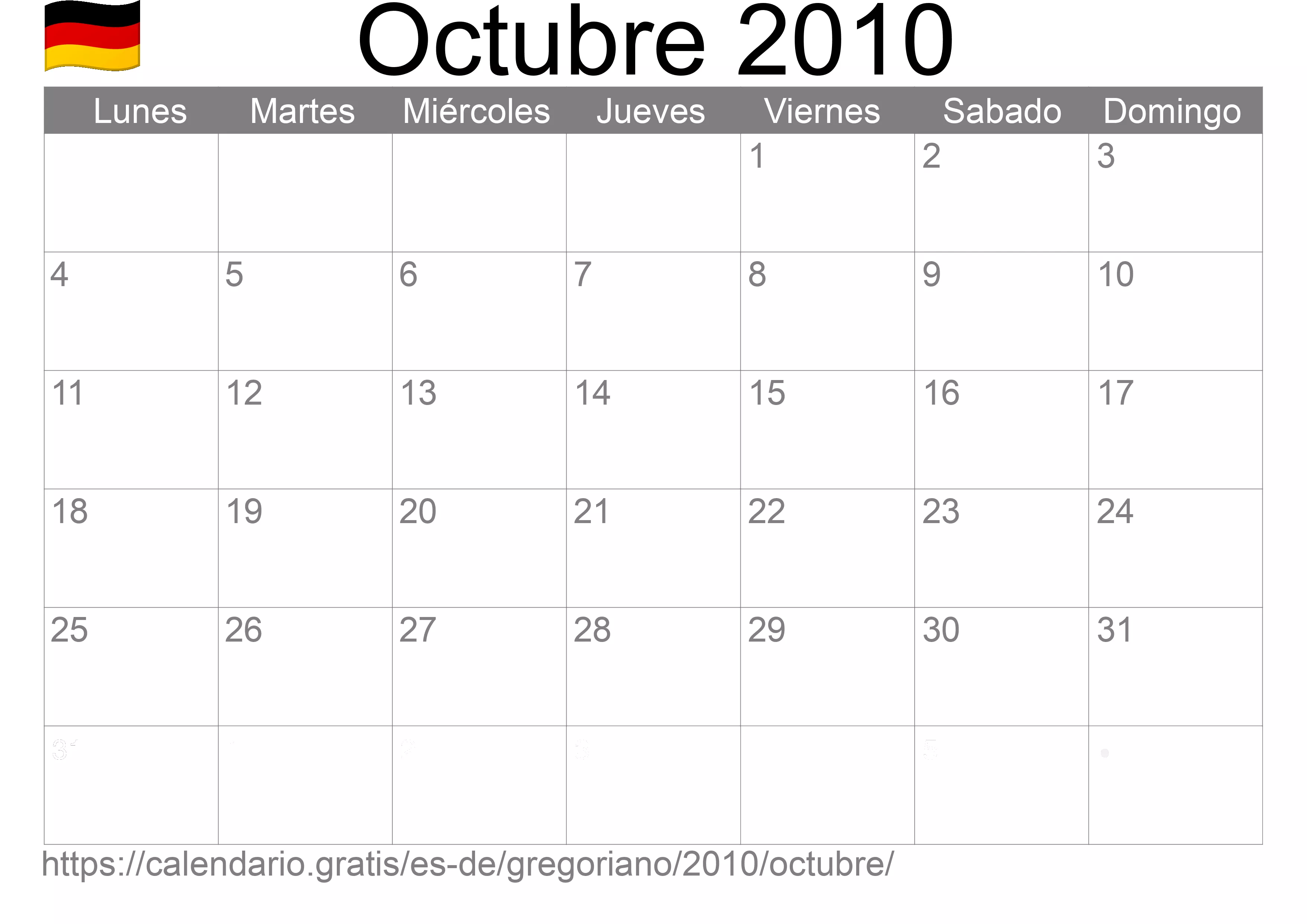 Calendario Octubre 2010 para imprimir (Alemania)