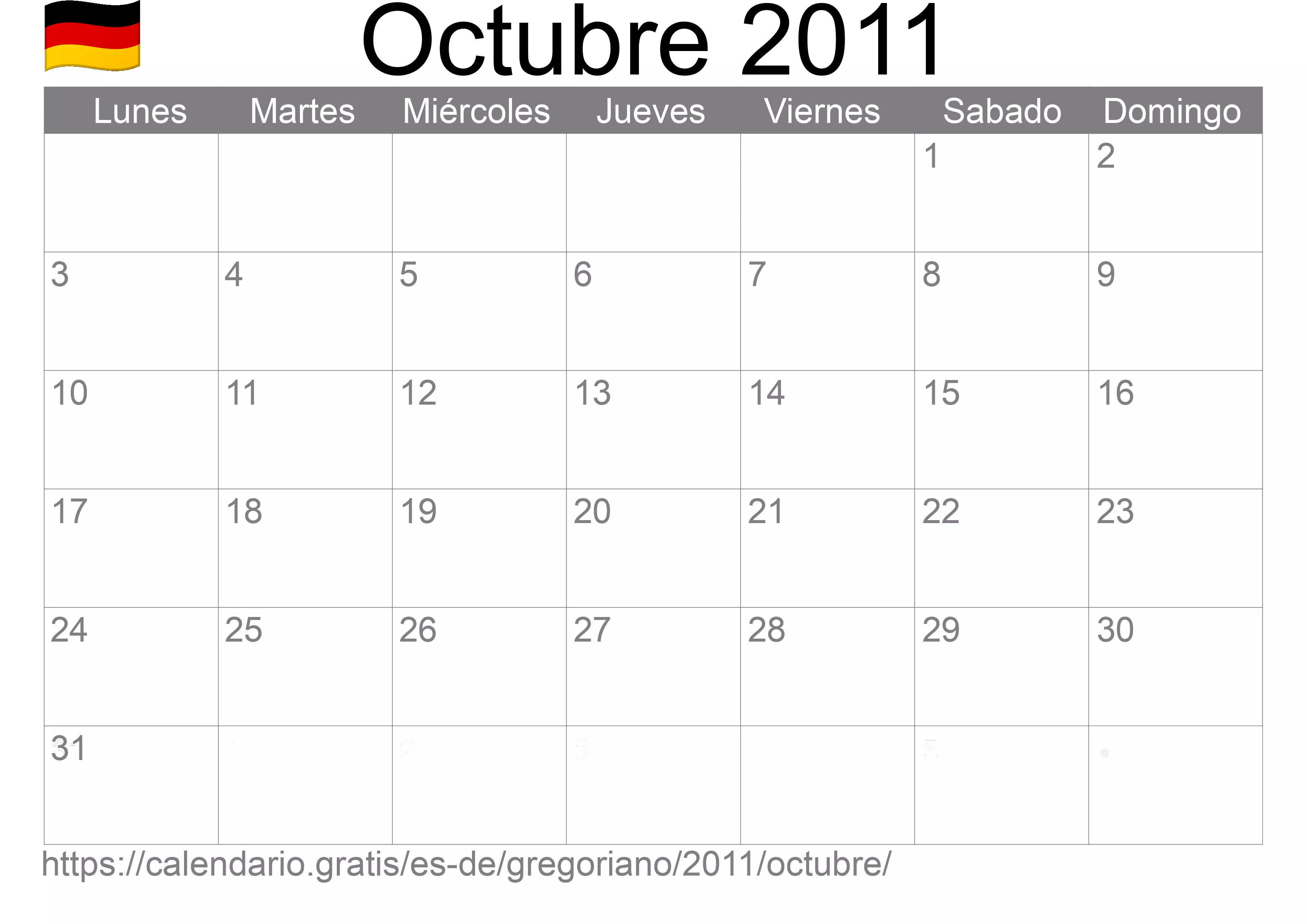Calendario Octubre 2011 para imprimir (Alemania)