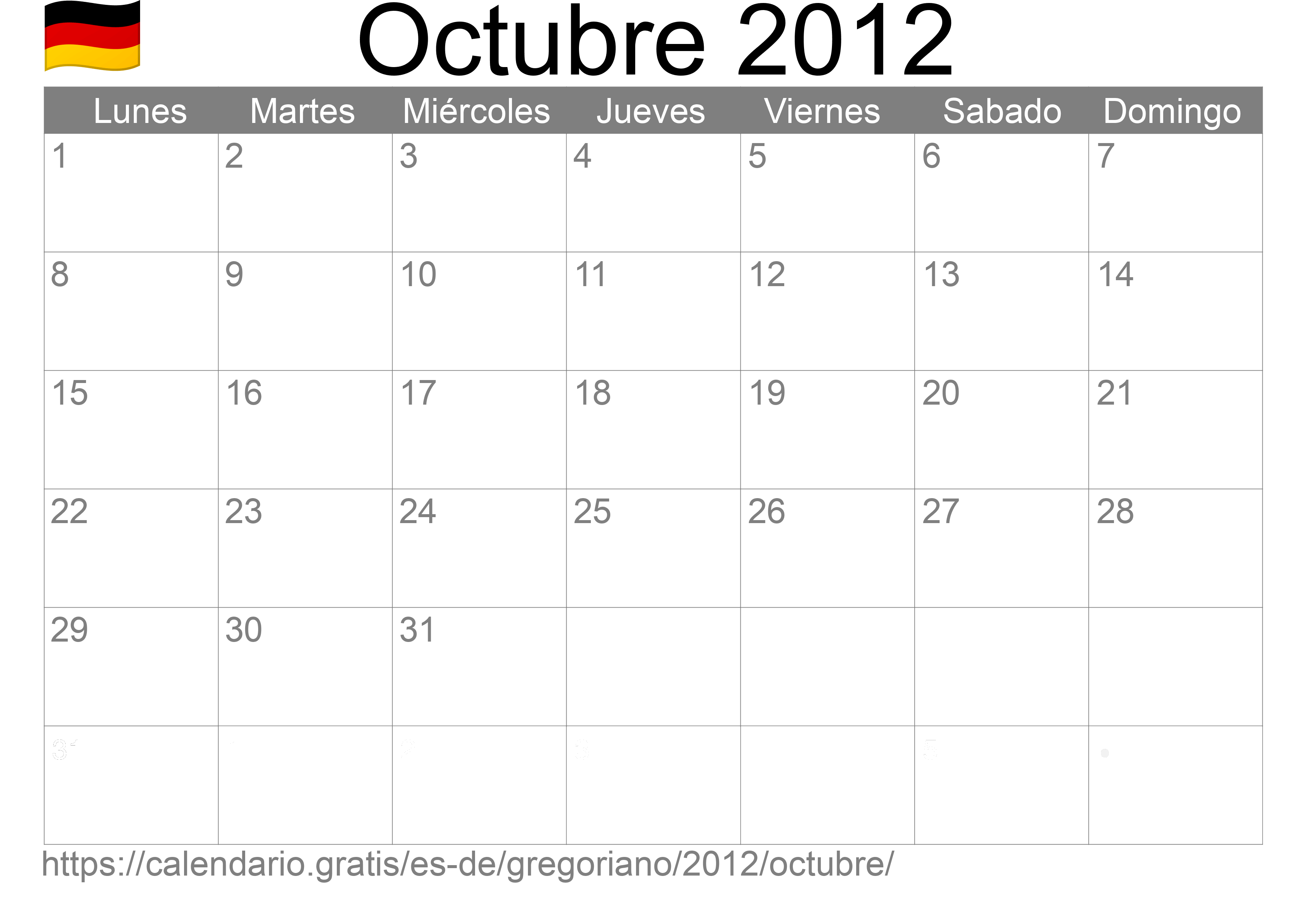 Calendario Octubre 2012 para imprimir