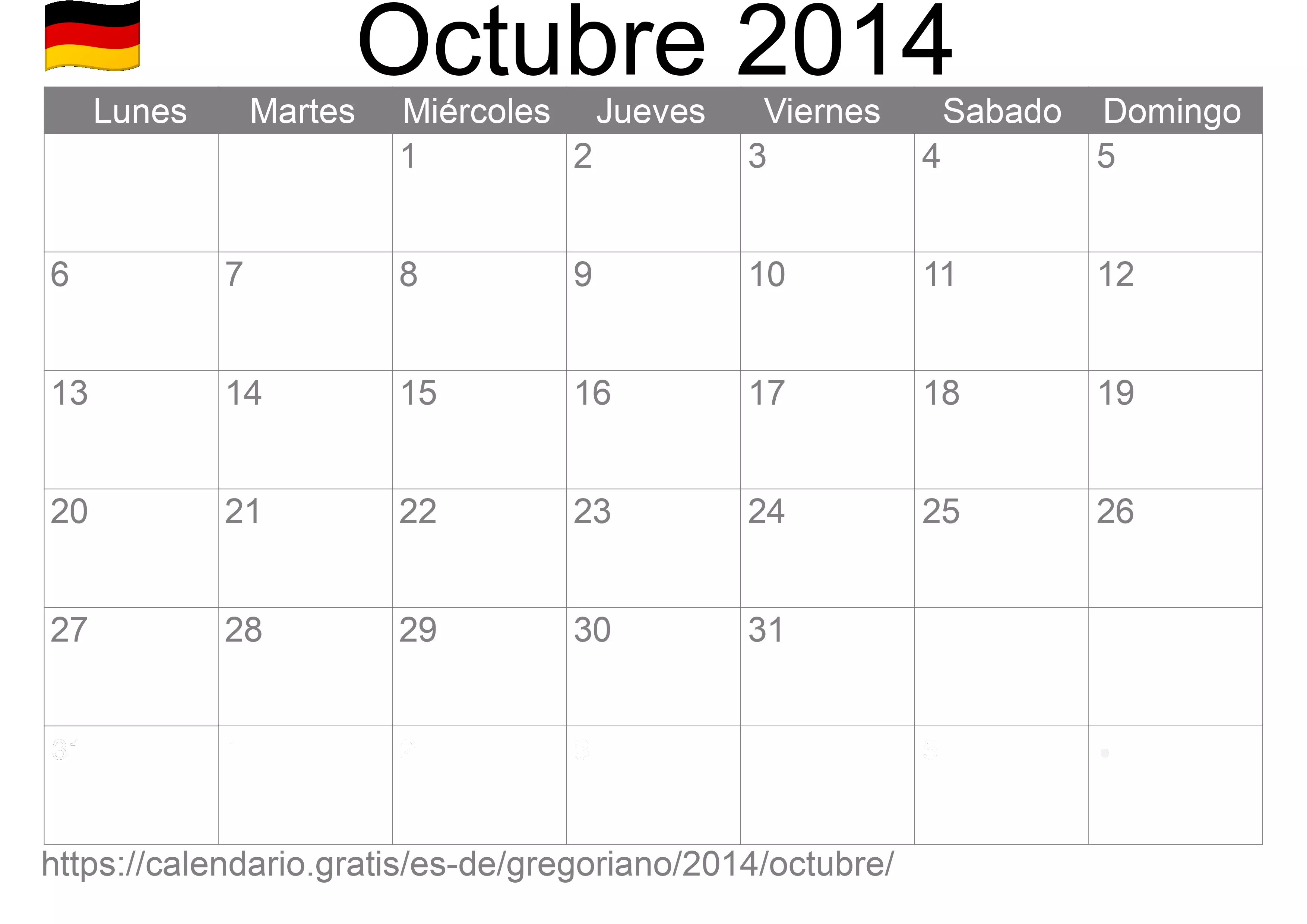 Calendario Octubre 2014 para imprimir (Alemania)