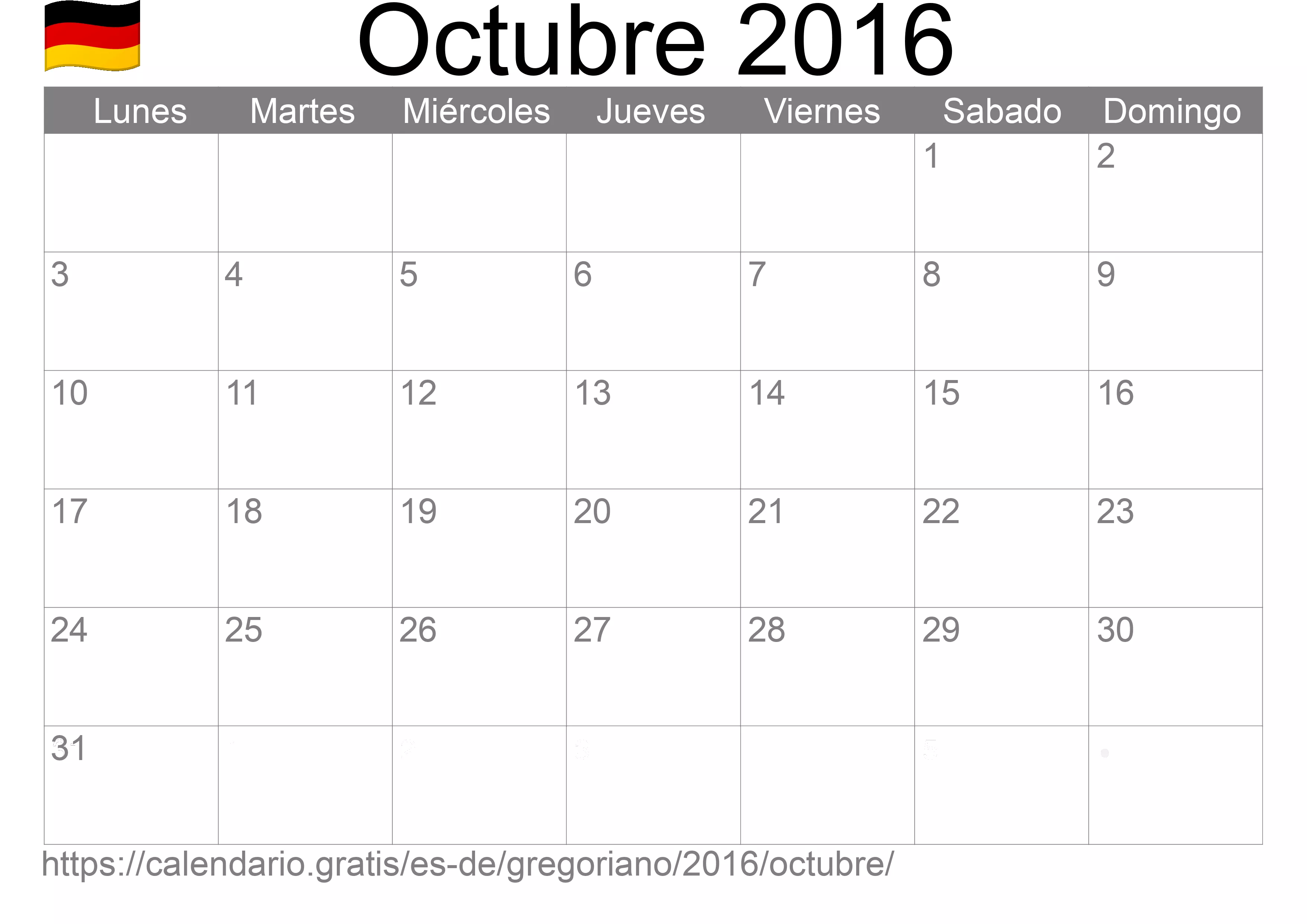 Calendario Octubre 2016 para imprimir (Alemania)